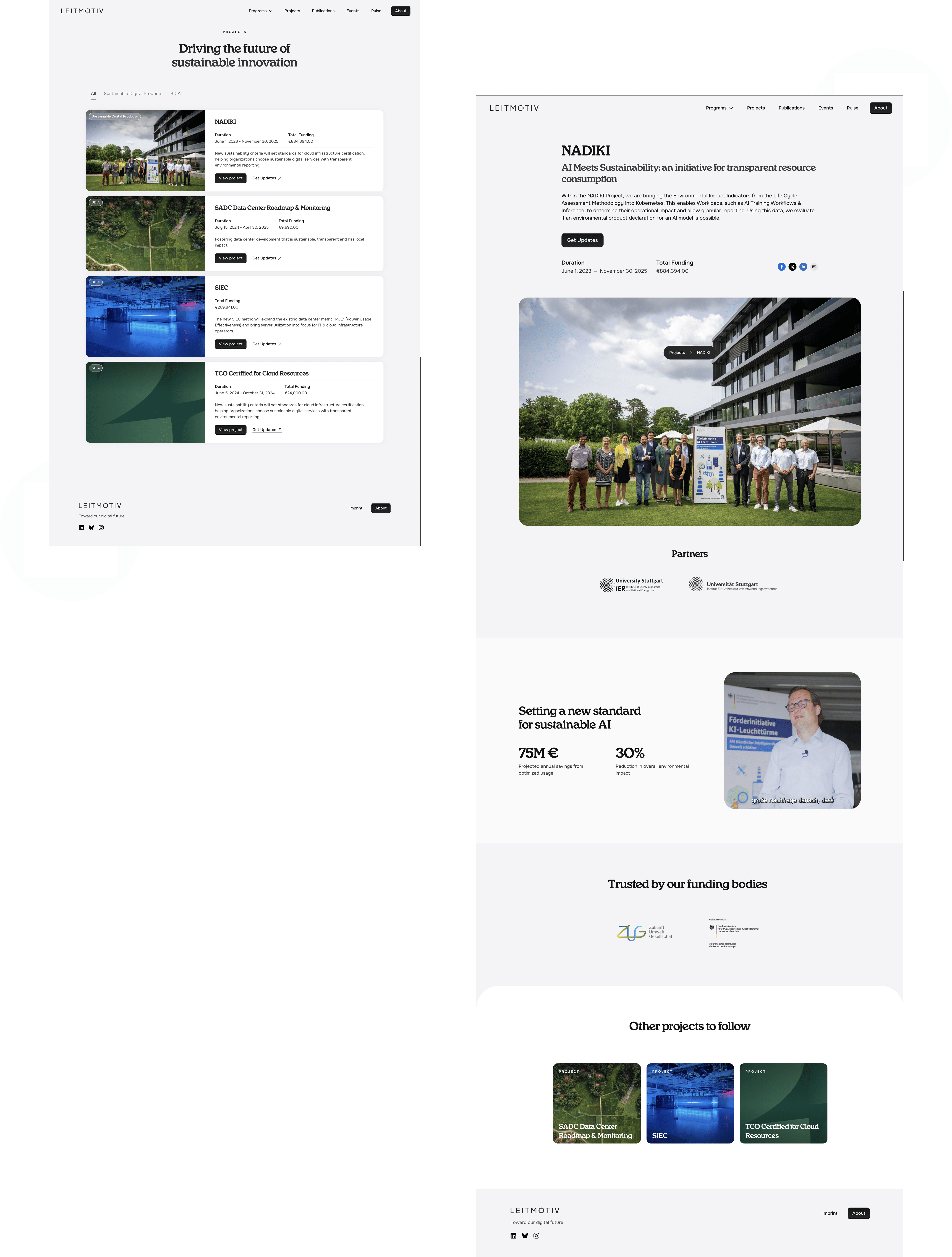 Desktop screens of general and detailed projects' pages
