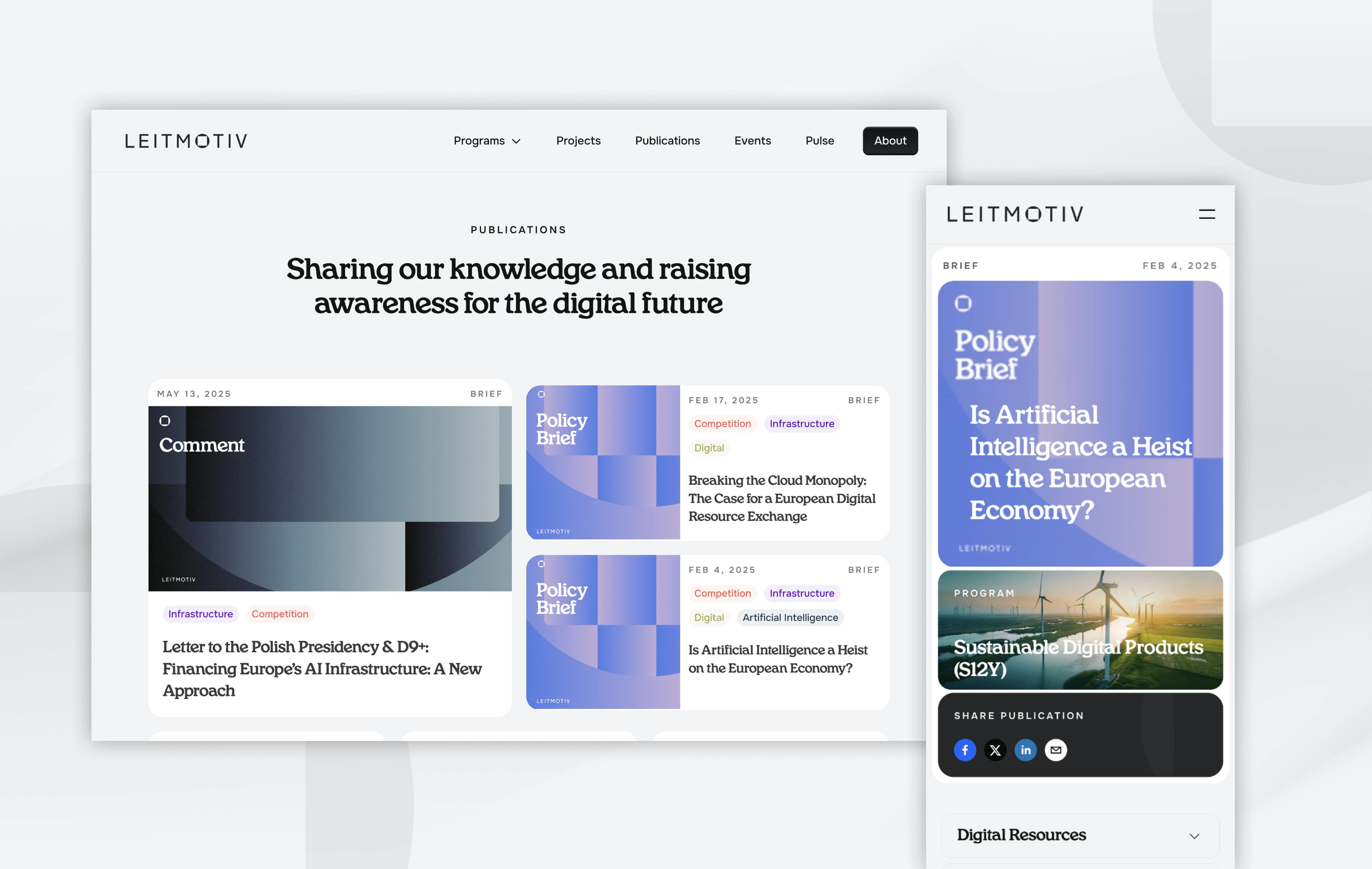 Desktop and mobile screens of general and detailed pages of leitmotiv's publications