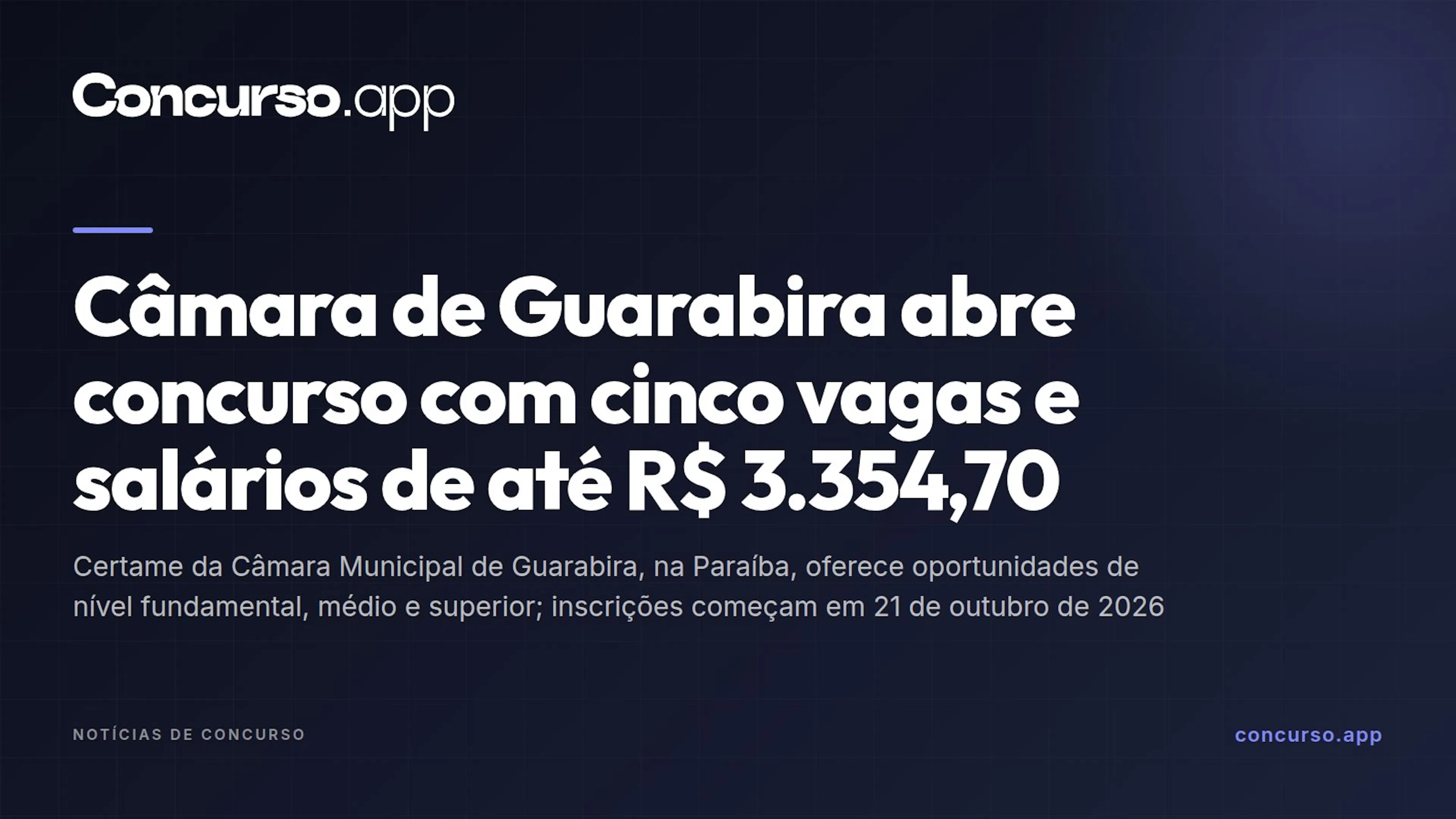 Câmara de Guarabira abre concurso com cinco vagas e salários de até R$ 3.354,70