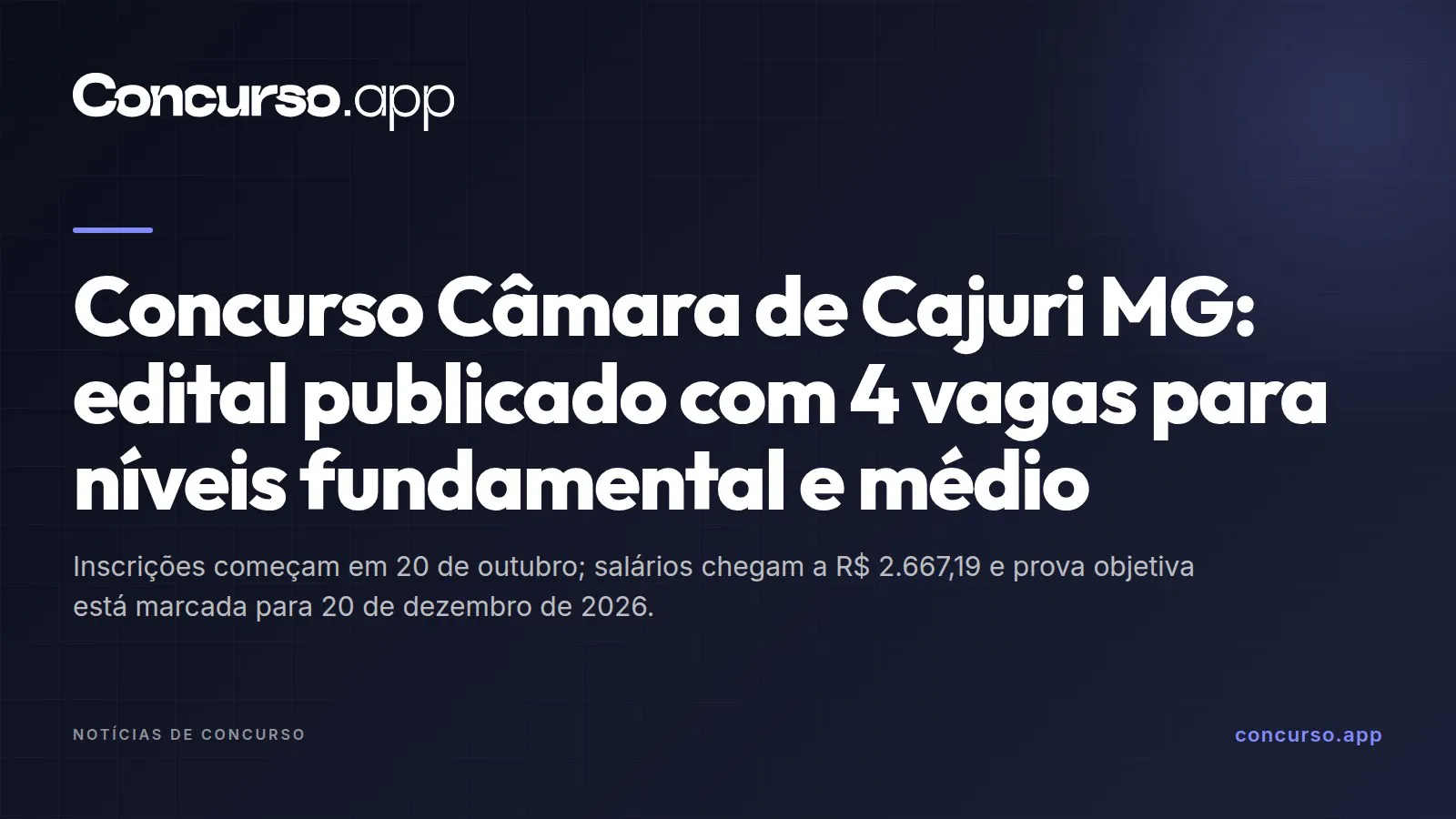 Concurso Câmara de Cajuri MG: edital publicado com 4 vagas para níveis fundamental e médio