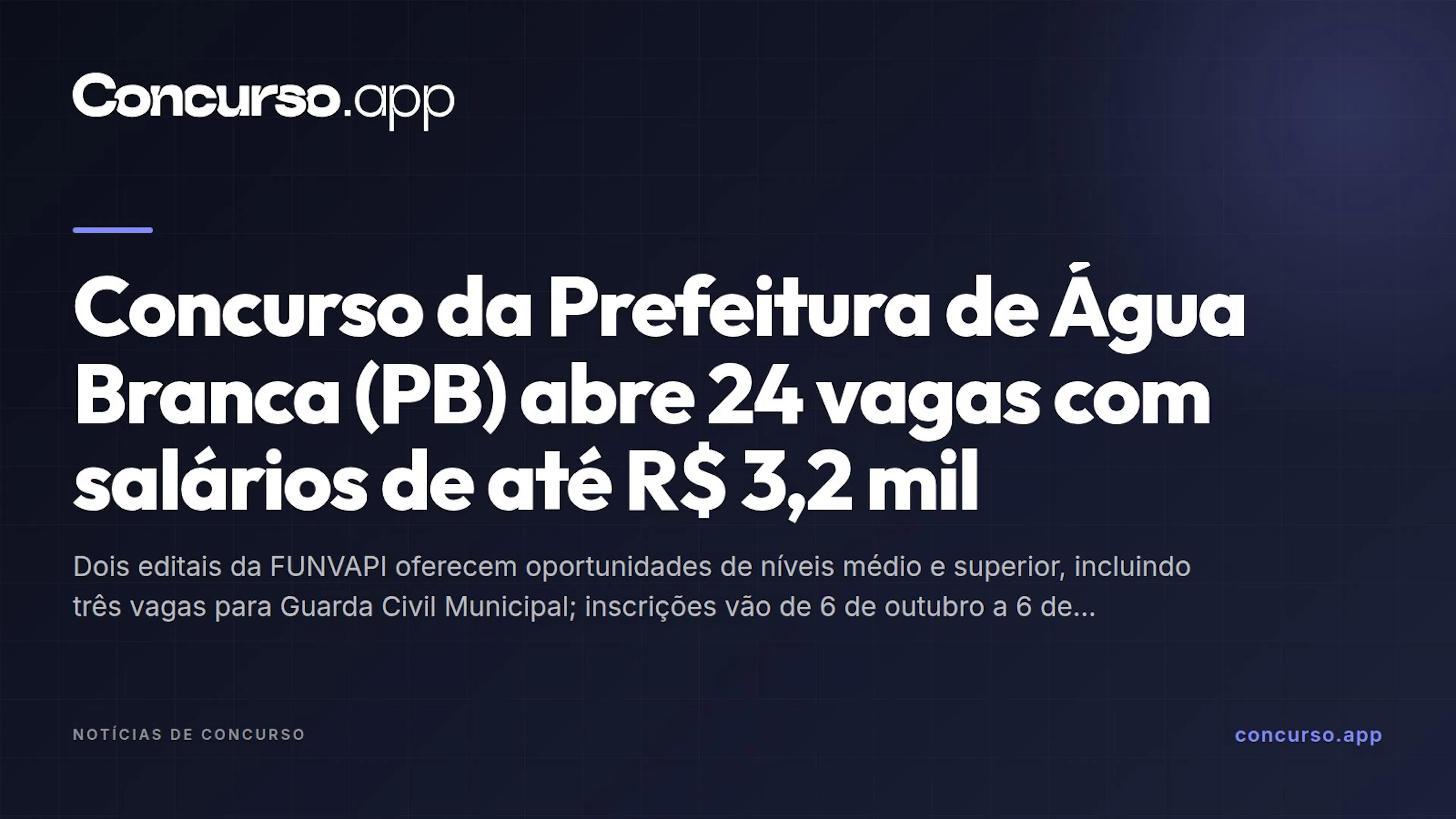 Concurso da Prefeitura de Água Branca (PB) abre 24 vagas com salários de até R$ 3,2 mil