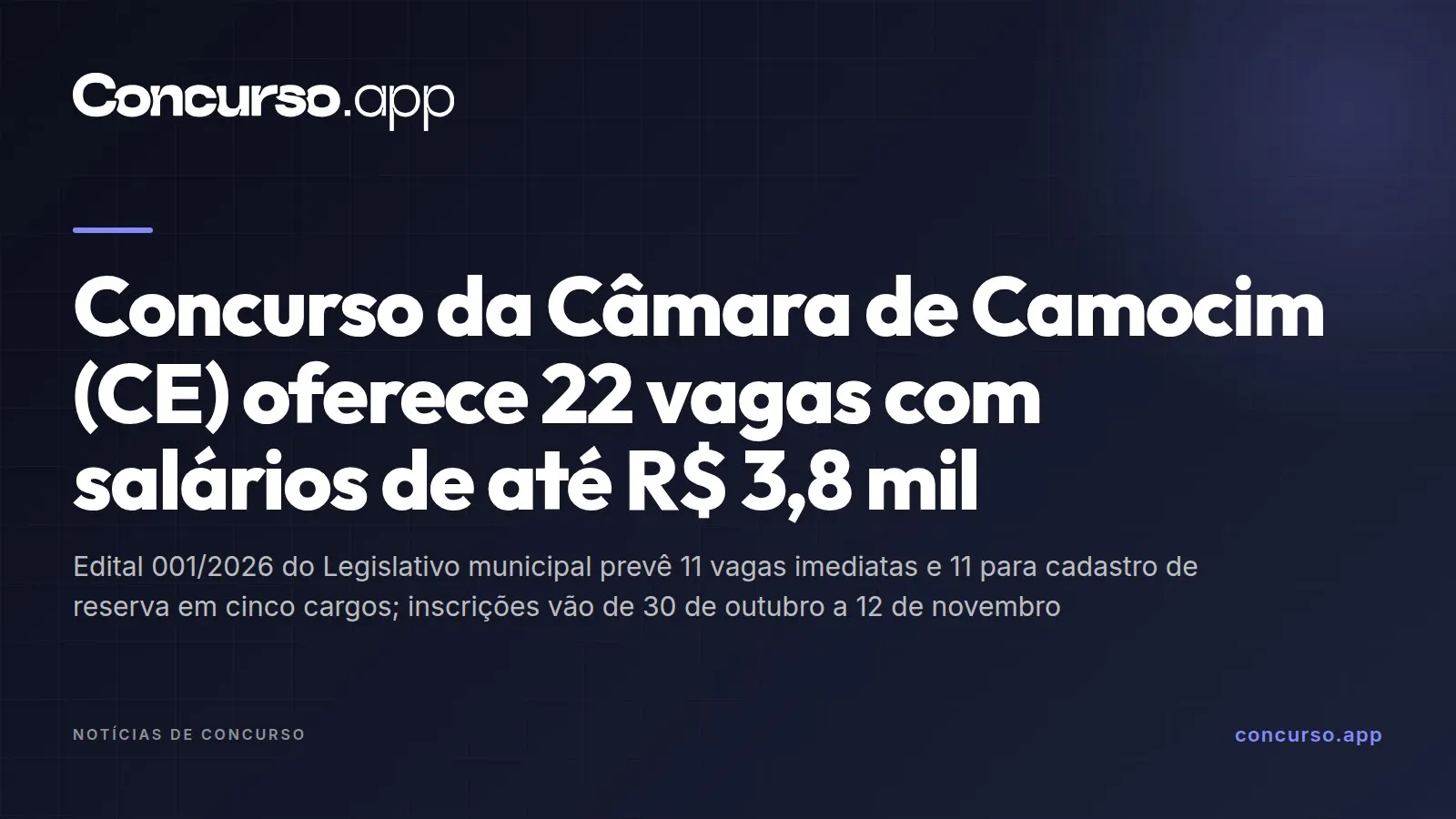 Concurso da Câmara de Camocim (CE) oferece 22 vagas com salários de até R$ 3,8 mil