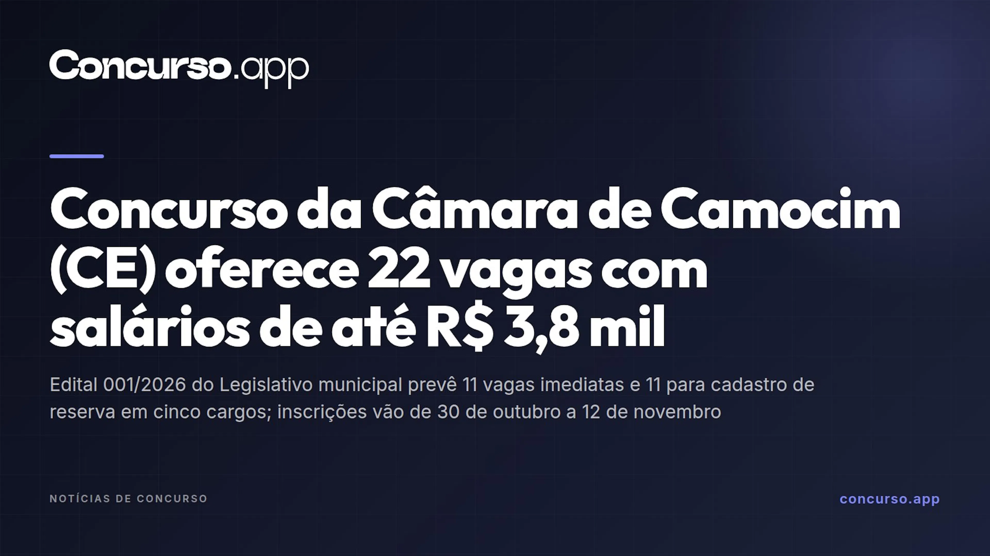 Concurso da Câmara de Camocim (CE) oferece 22 vagas com salários de até R$ 3,8 mil