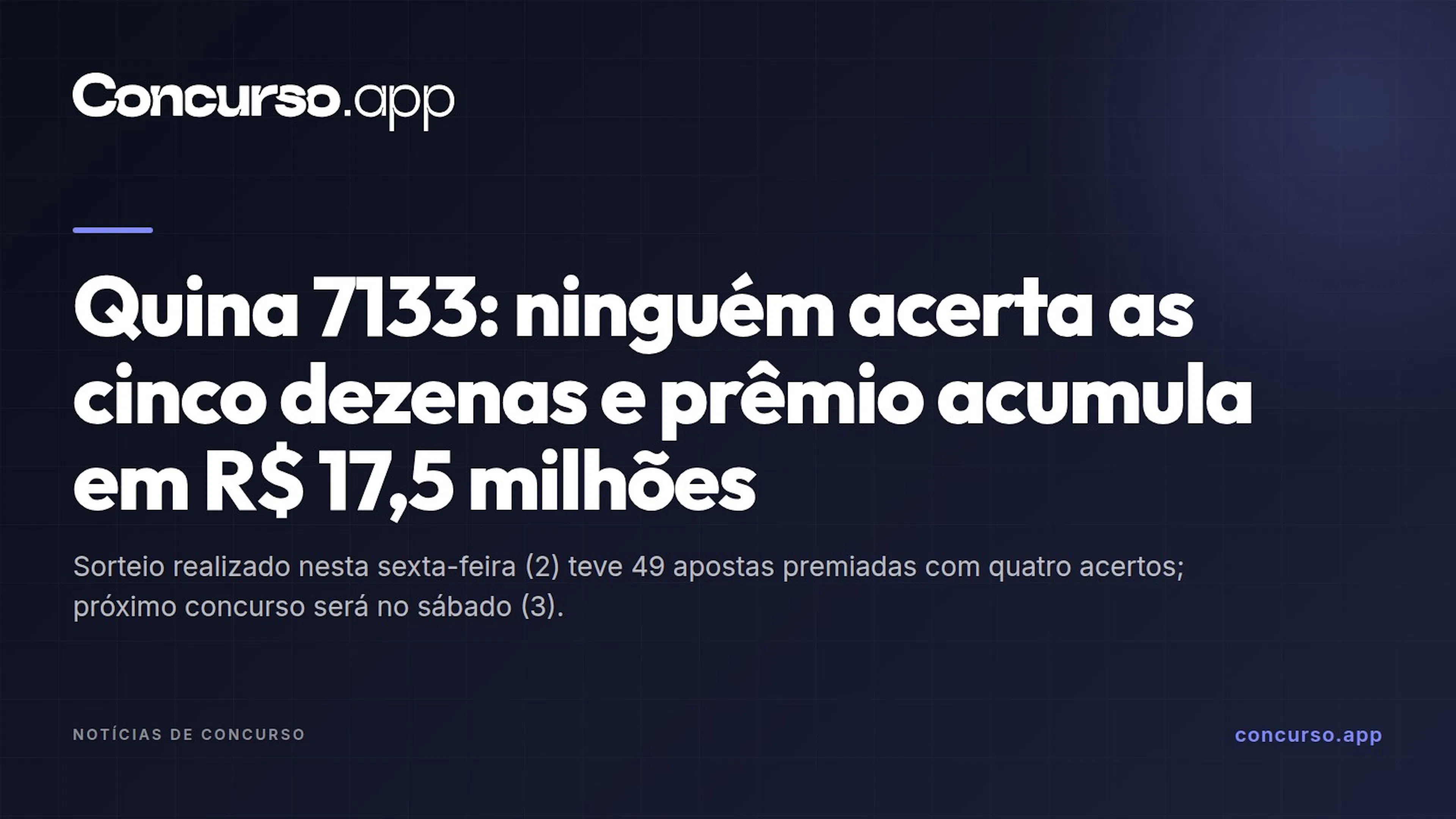 Quina 7133: ninguém acerta as cinco dezenas e prêmio acumula em R$ 17,5 milhões