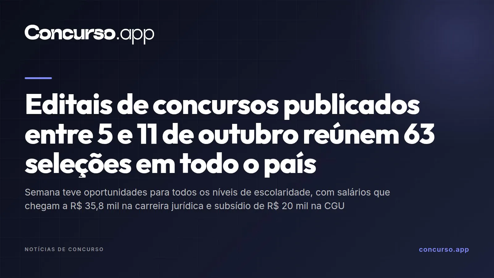 Editais de concursos publicados entre 5 e 11 de outubro reúnem 63 seleções em todo o país
