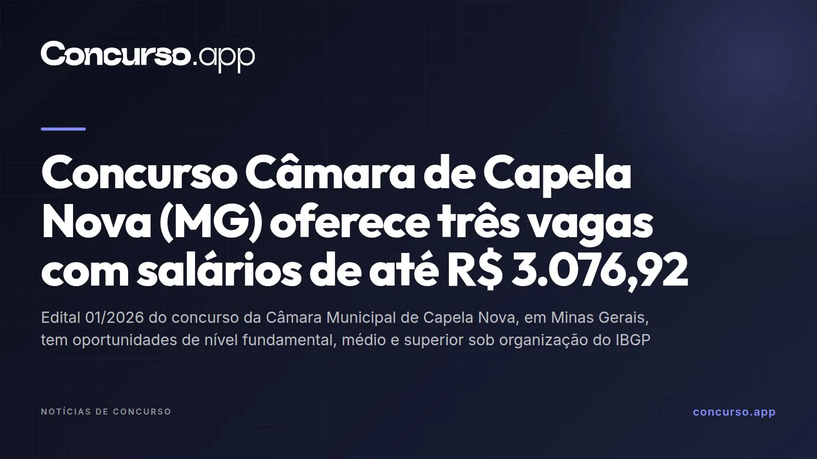 Concurso Câmara de Capela Nova (MG) oferece três vagas com salários de até R$ 3.076,92