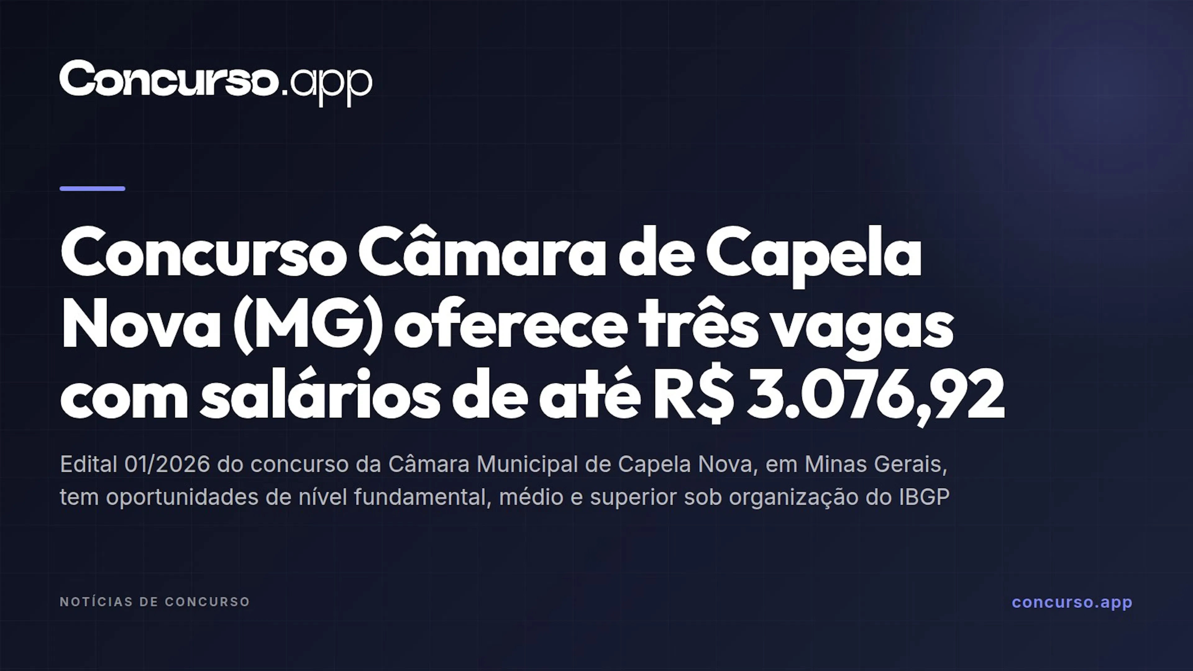 Concurso Câmara de Capela Nova (MG) oferece três vagas com salários de até R$ 3.076,92
