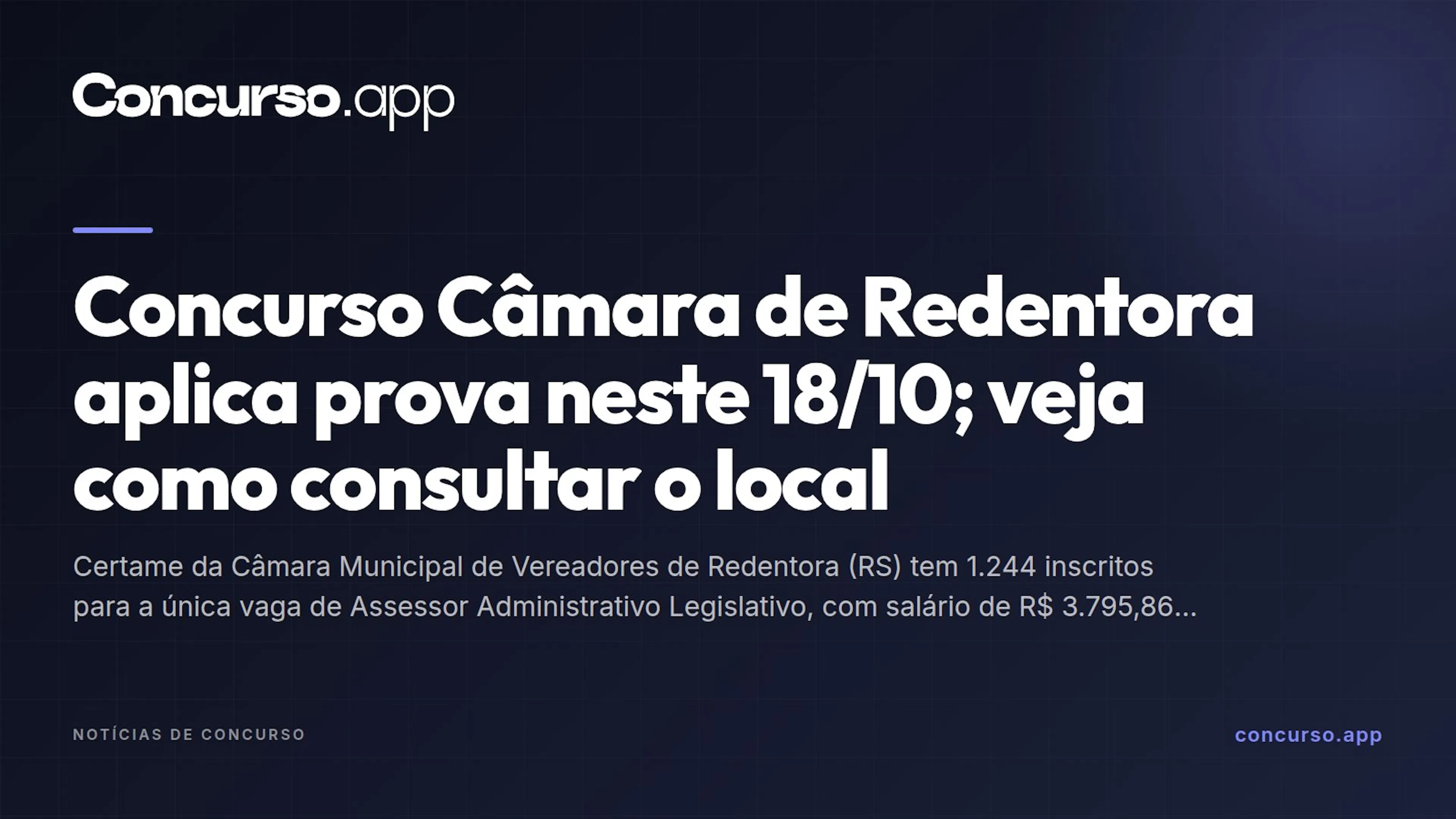 Concurso Câmara de Redentora aplica prova neste 18/10; veja como consultar o local