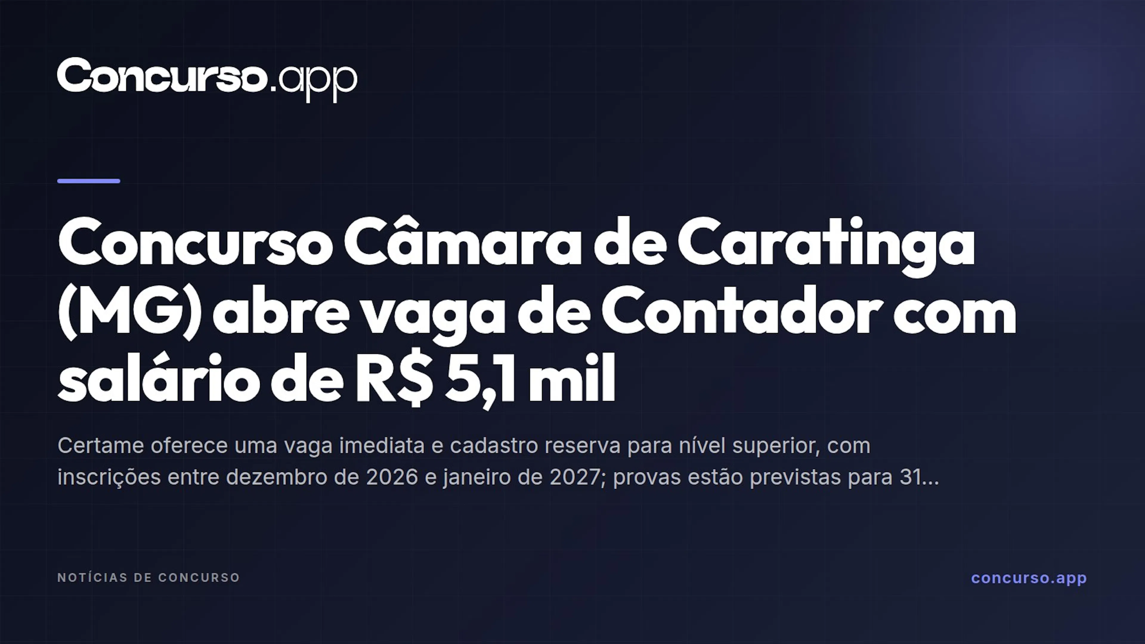 Concurso Câmara de Caratinga (MG) abre vaga de Contador com salário de R$ 5,1 mil