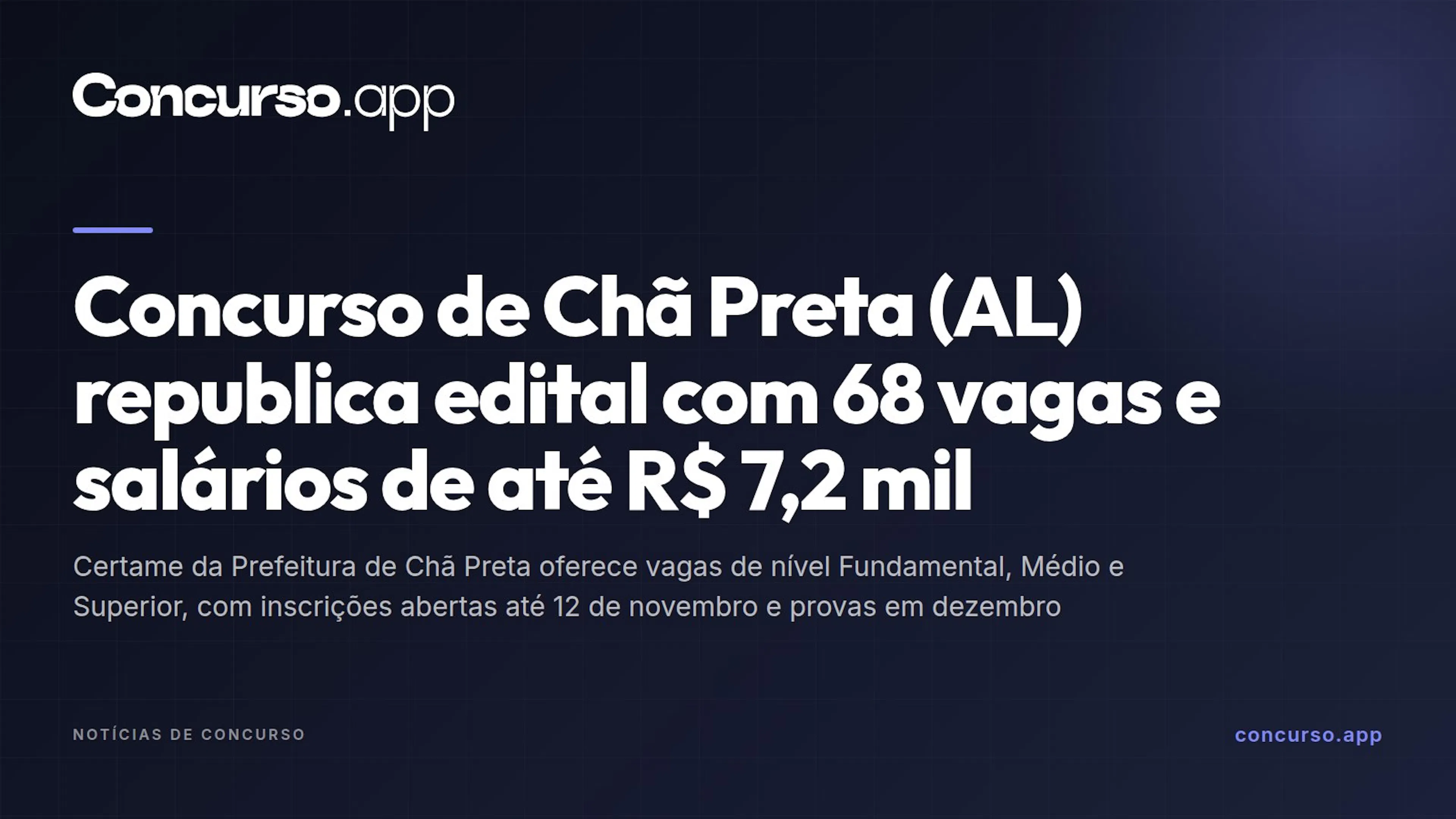 Concurso de Chã Preta (AL) republica edital com 68 vagas e salários de até R$ 7,2 mil