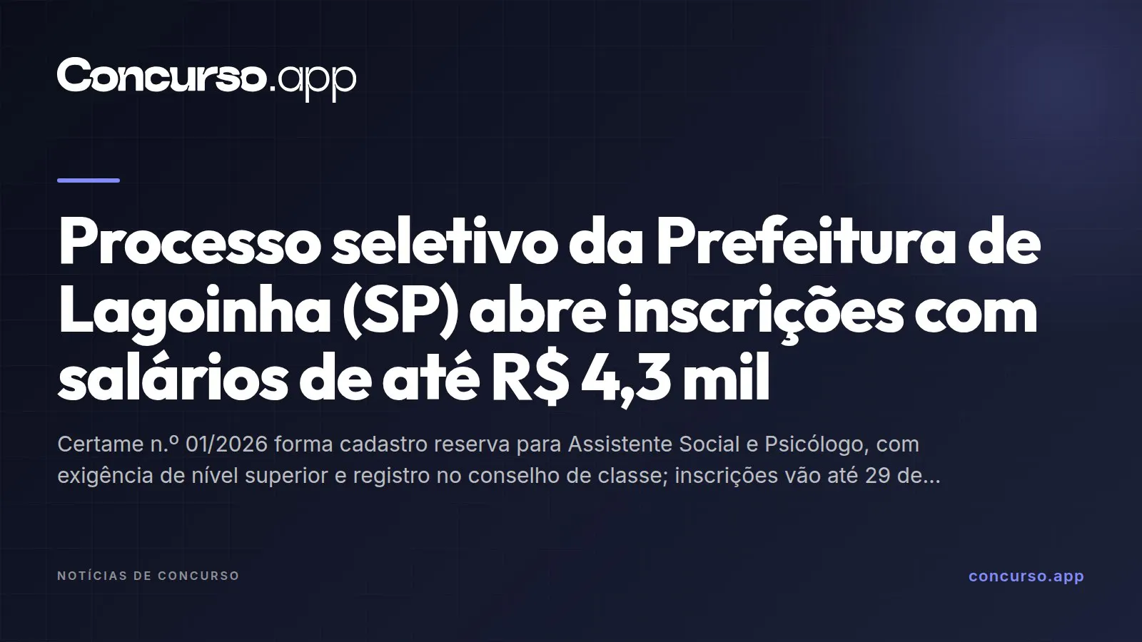 Processo seletivo da Prefeitura de Lagoinha (SP) abre inscrições com salários de até R$ 4,3 mil