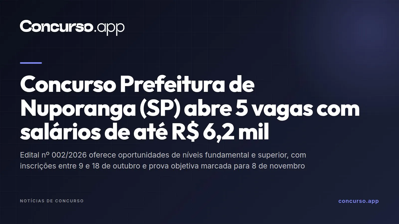 Concurso Prefeitura de Nuporanga (SP) abre 5 vagas com salários de até R$ 6,2 mil