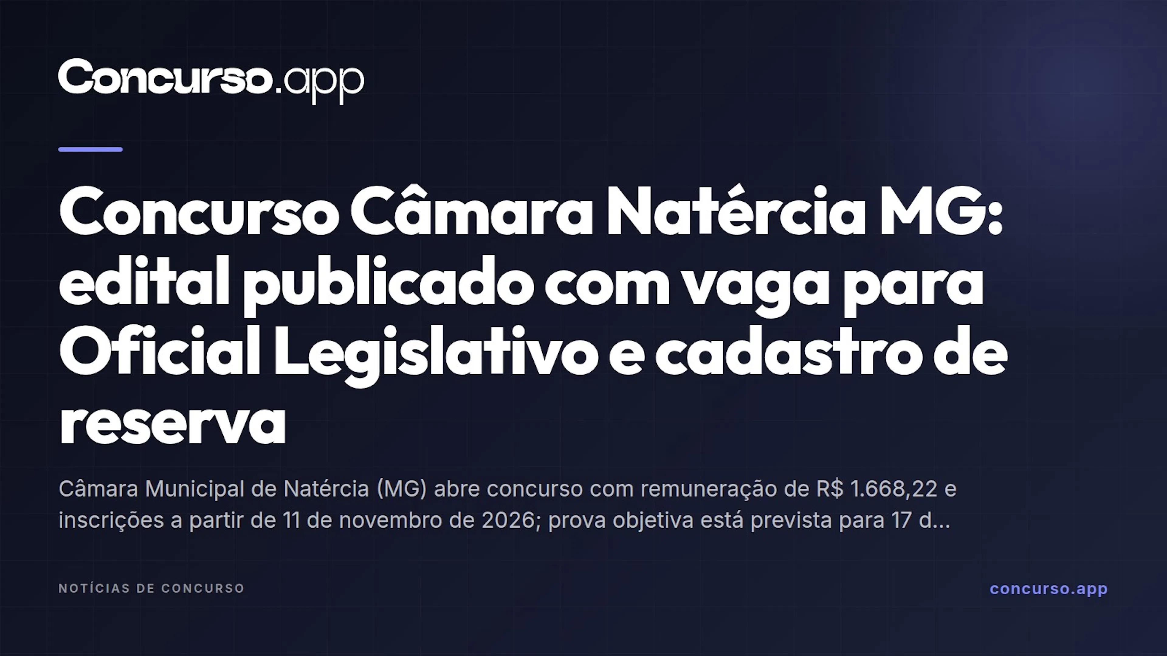 Concurso Câmara Natércia MG: edital publicado com vaga para Oficial Legislativo e cadastro de reserva