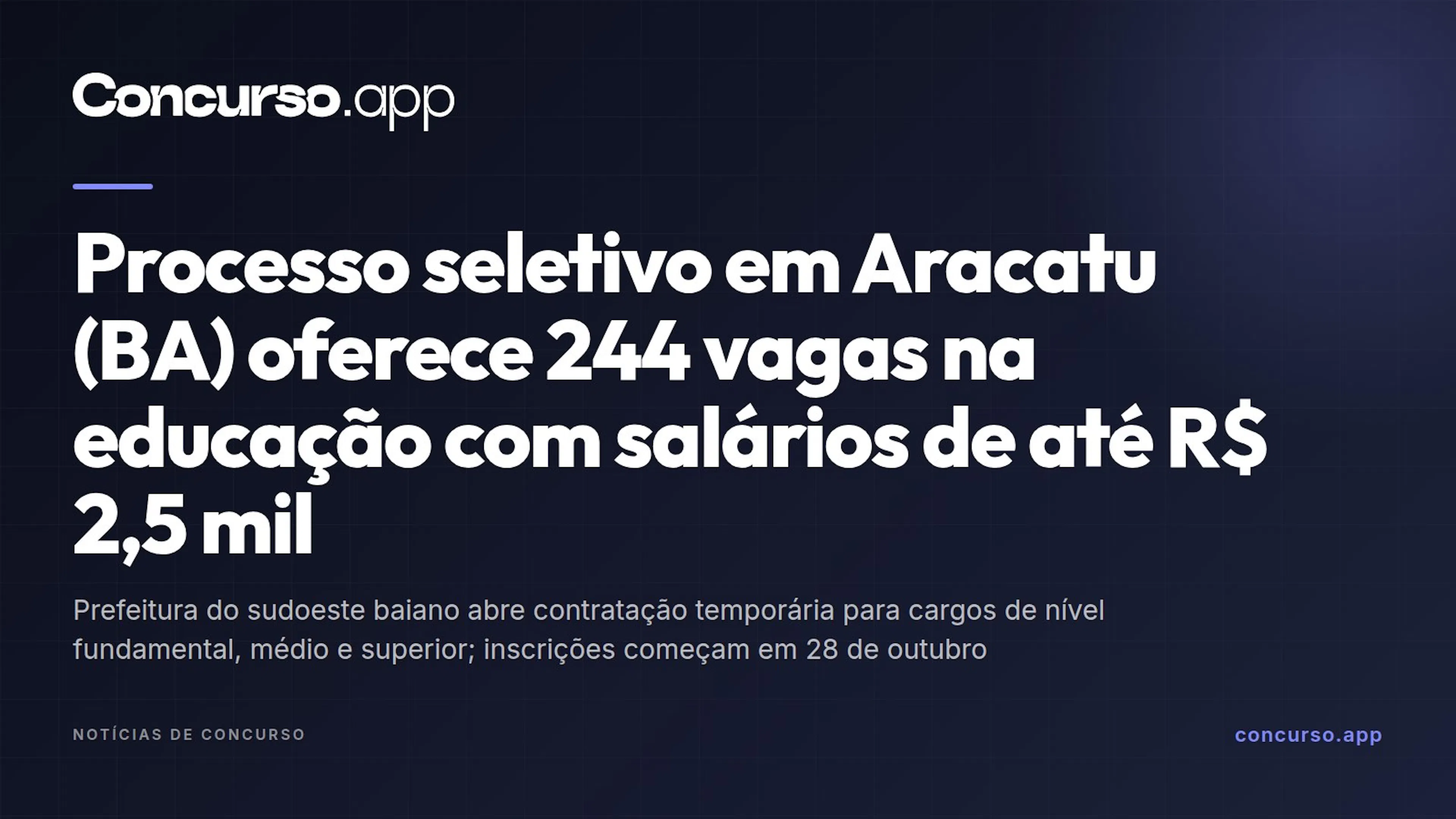 Processo seletivo em Aracatu (BA) oferece 244 vagas na educação com salários de até R$ 2,5 mil