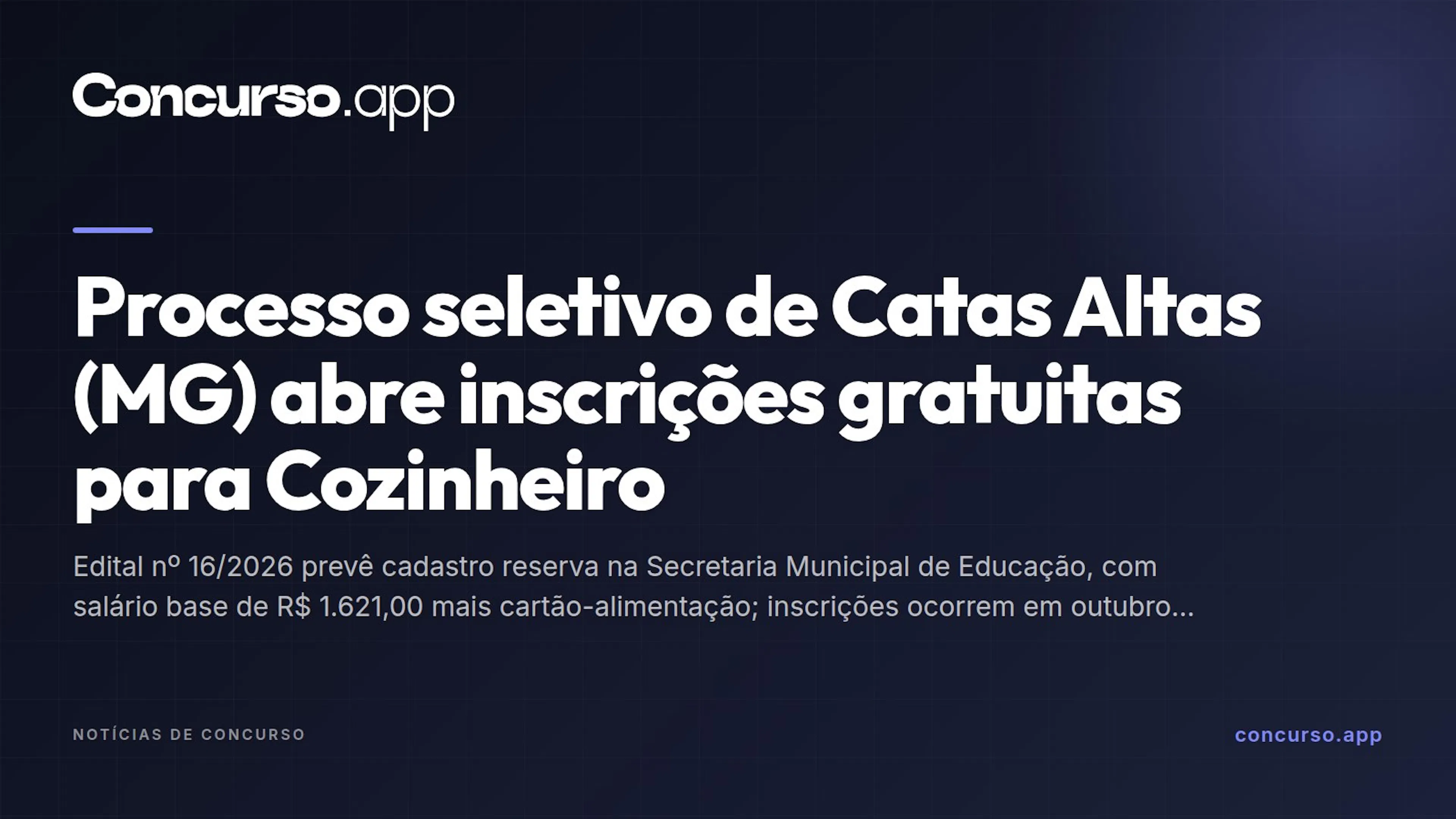 Processo seletivo de Catas Altas (MG) abre inscrições gratuitas para Cozinheiro