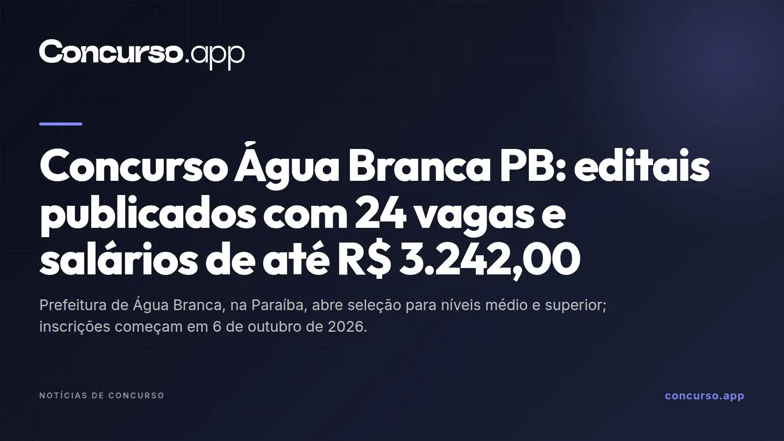 Concurso Água Branca PB: editais publicados com 24 vagas e salários de até R$ 3.242,00