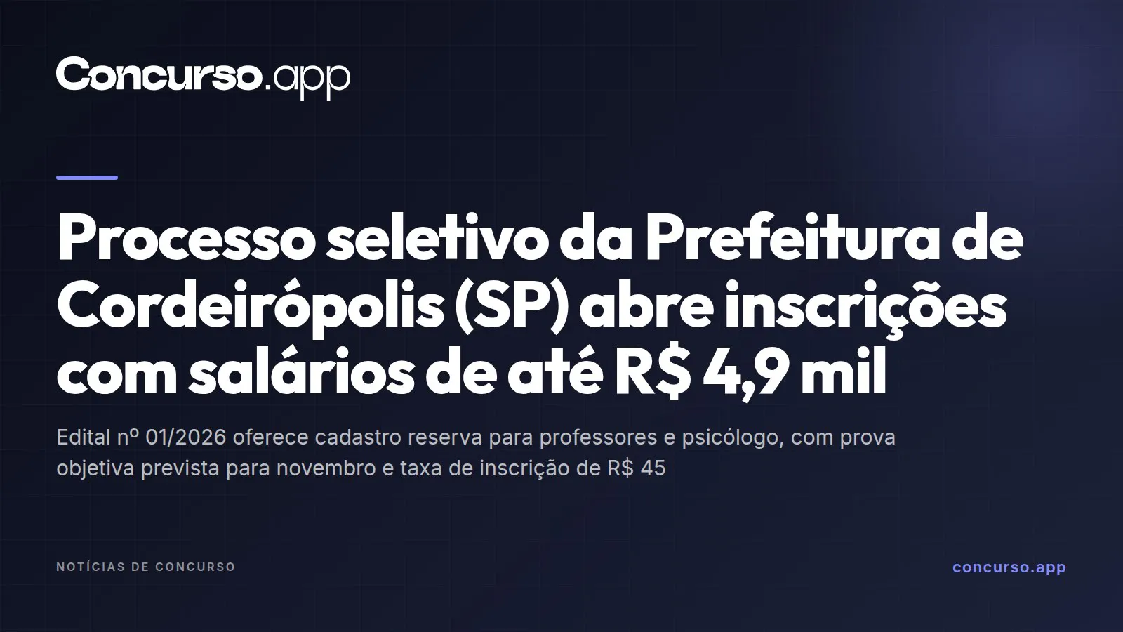 Processo seletivo da Prefeitura de Cordeirópolis (SP) abre inscrições com salários de até R$ 4,9 mil