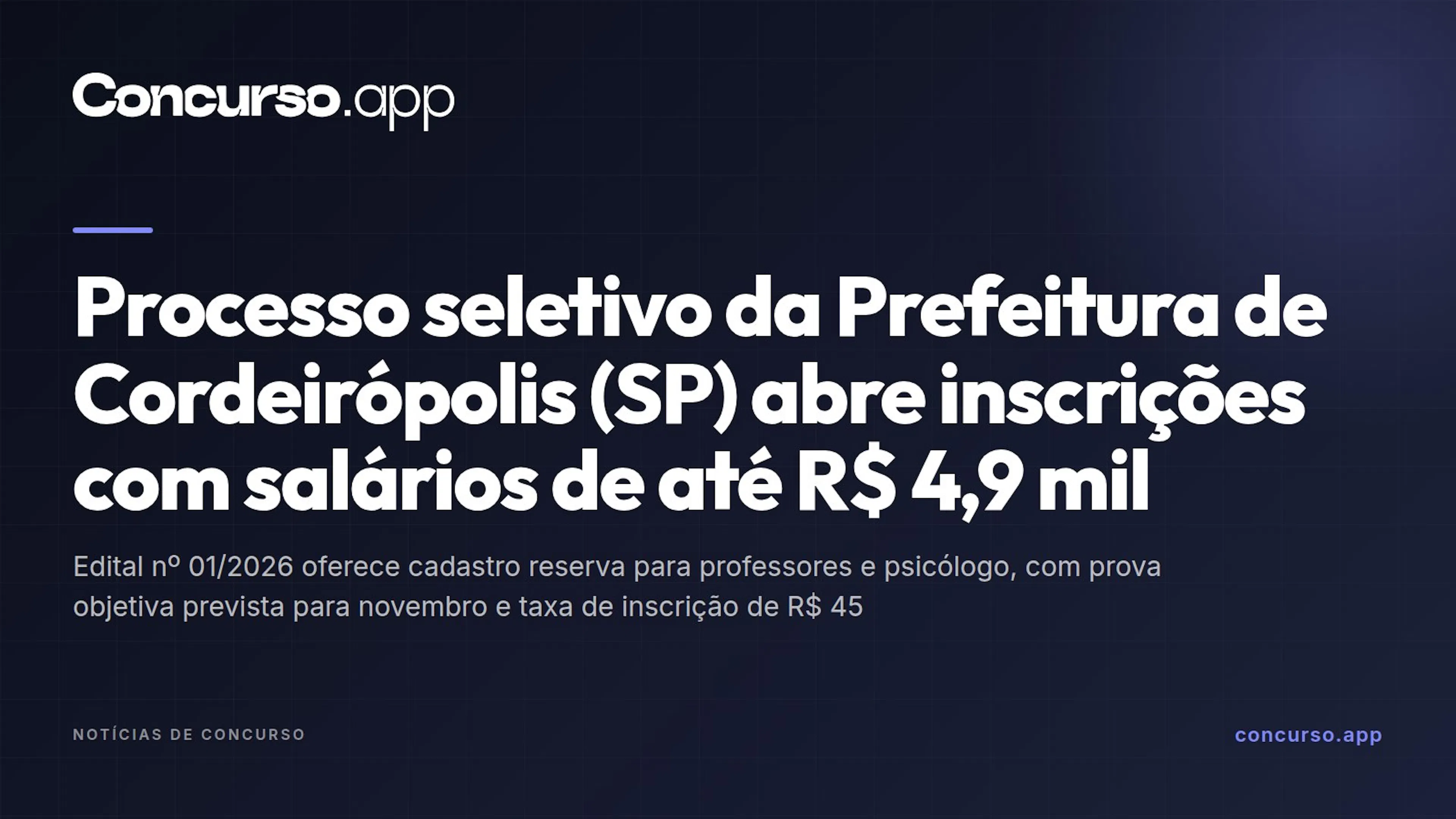 Processo seletivo da Prefeitura de Cordeirópolis (SP) abre inscrições com salários de até R$ 4,9 mil