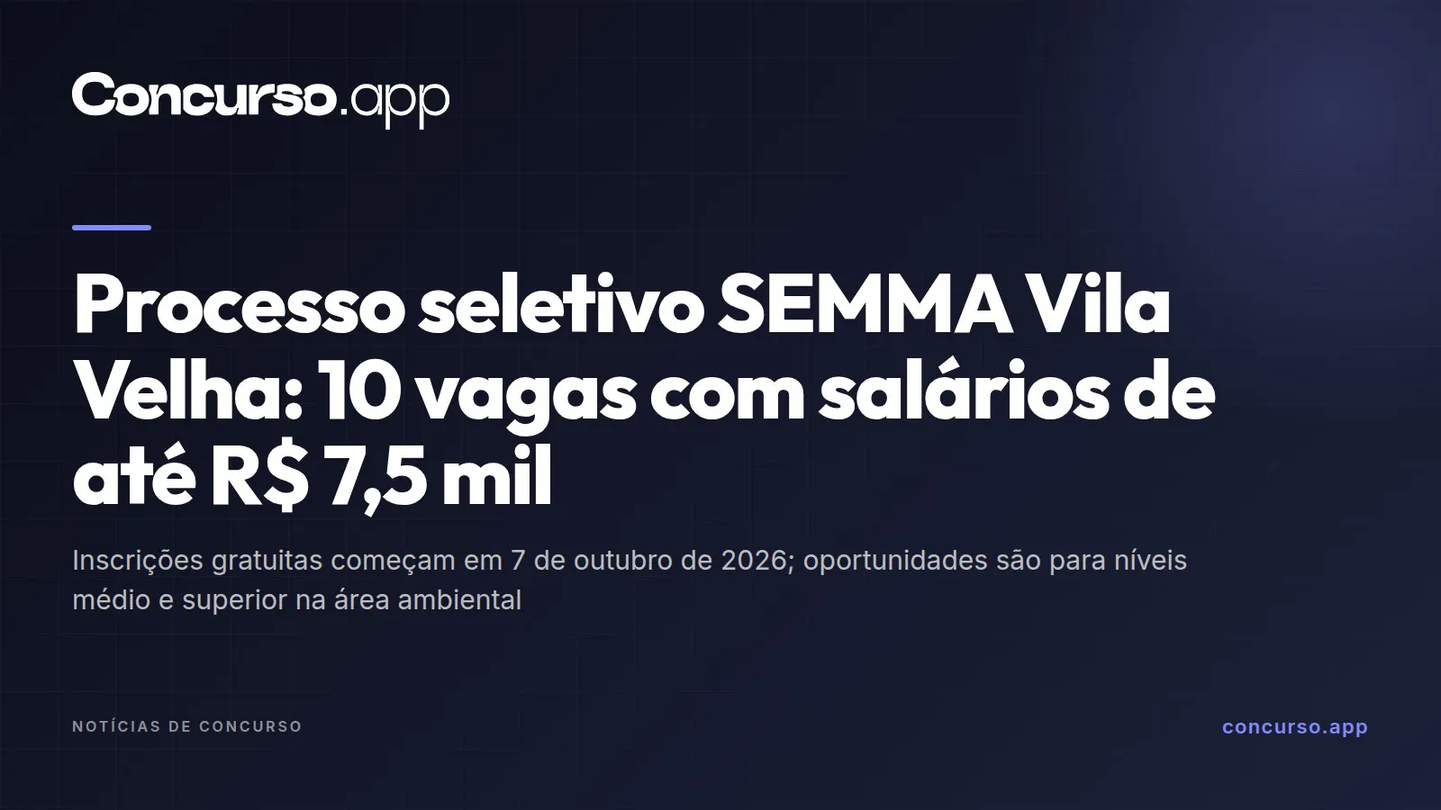 Processo seletivo SEMMA Vila Velha: 10 vagas com salários de até R$ 7,5 mil