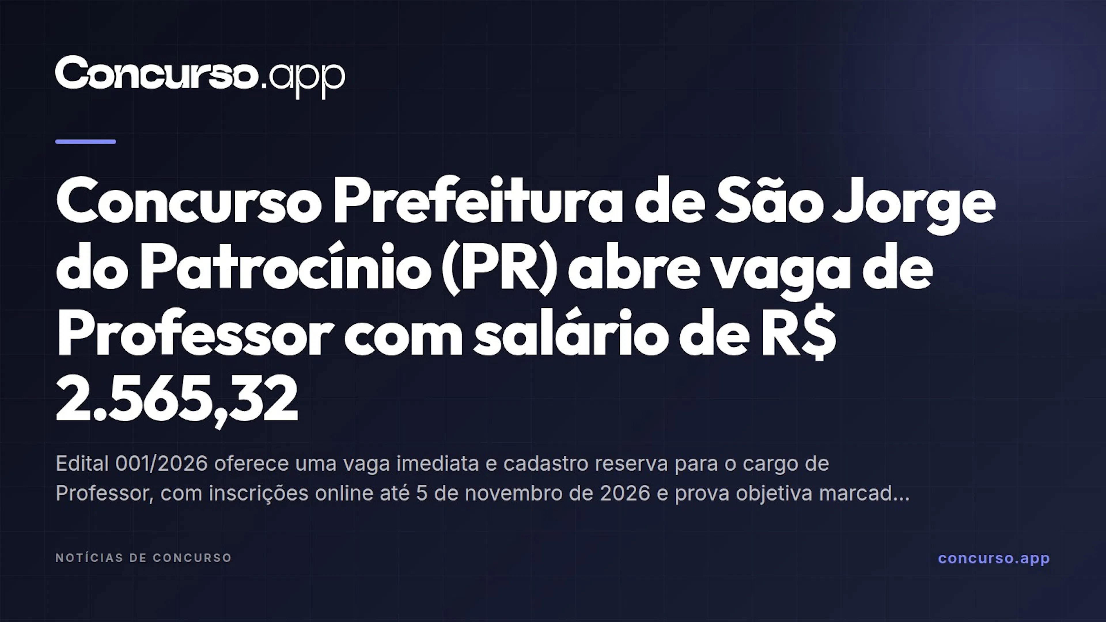 Concurso Prefeitura de São Jorge do Patrocínio (PR) abre vaga de Professor com salário de R$ 2.565,32