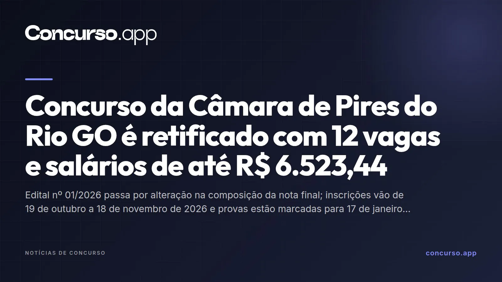 Concurso da Câmara de Pires do Rio GO é retificado com 12 vagas e salários de até R$ 6.523,44