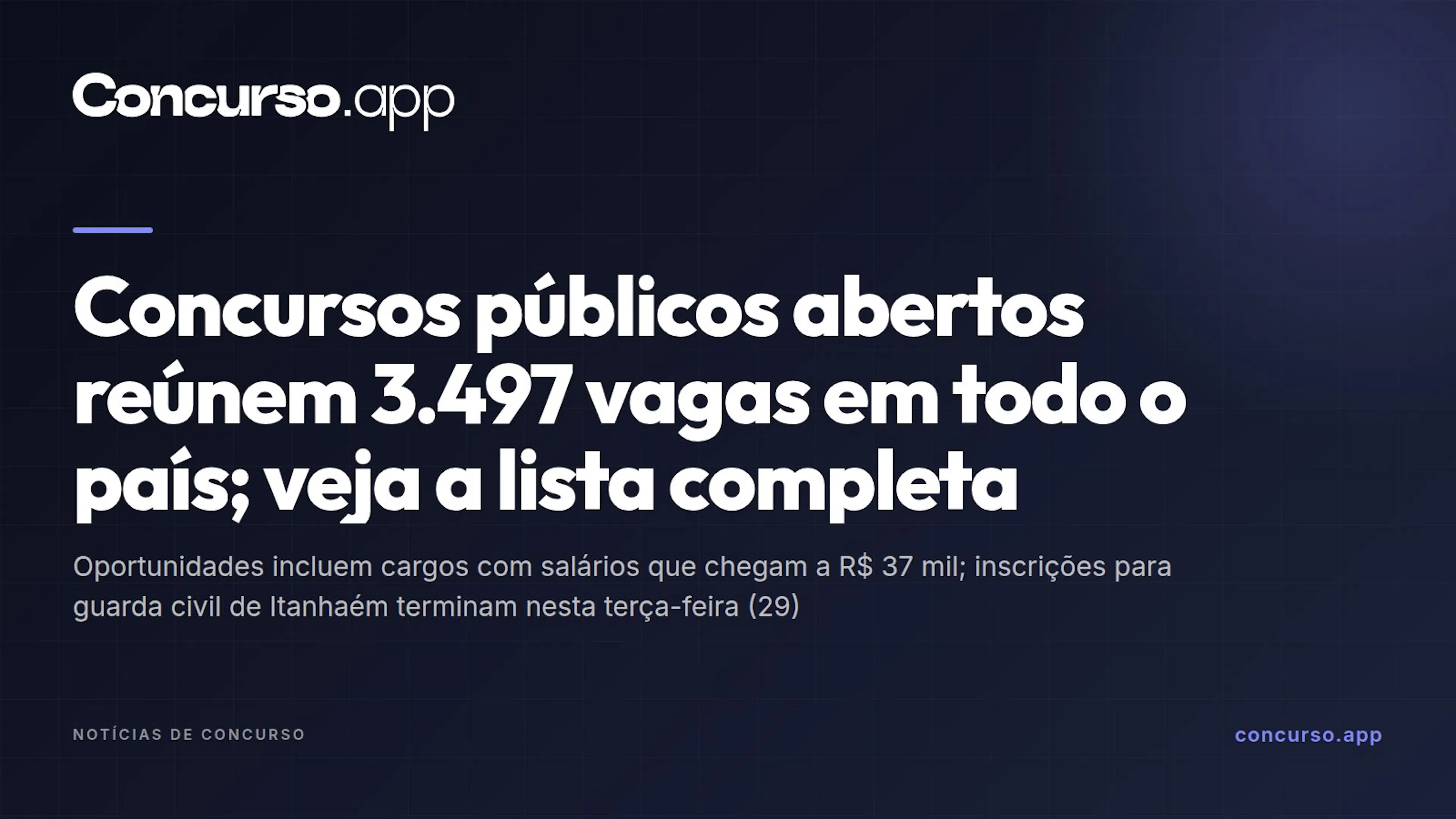 Concursos públicos abertos reúnem 3.497 vagas em todo o país; veja a lista completa