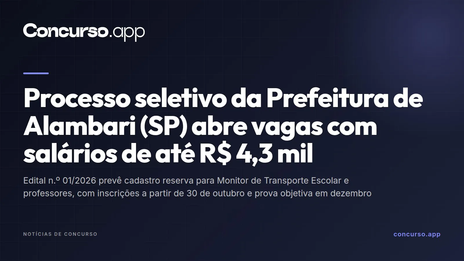 Processo seletivo da Prefeitura de Alambari (SP) abre vagas com salários de até R$ 4,3 mil