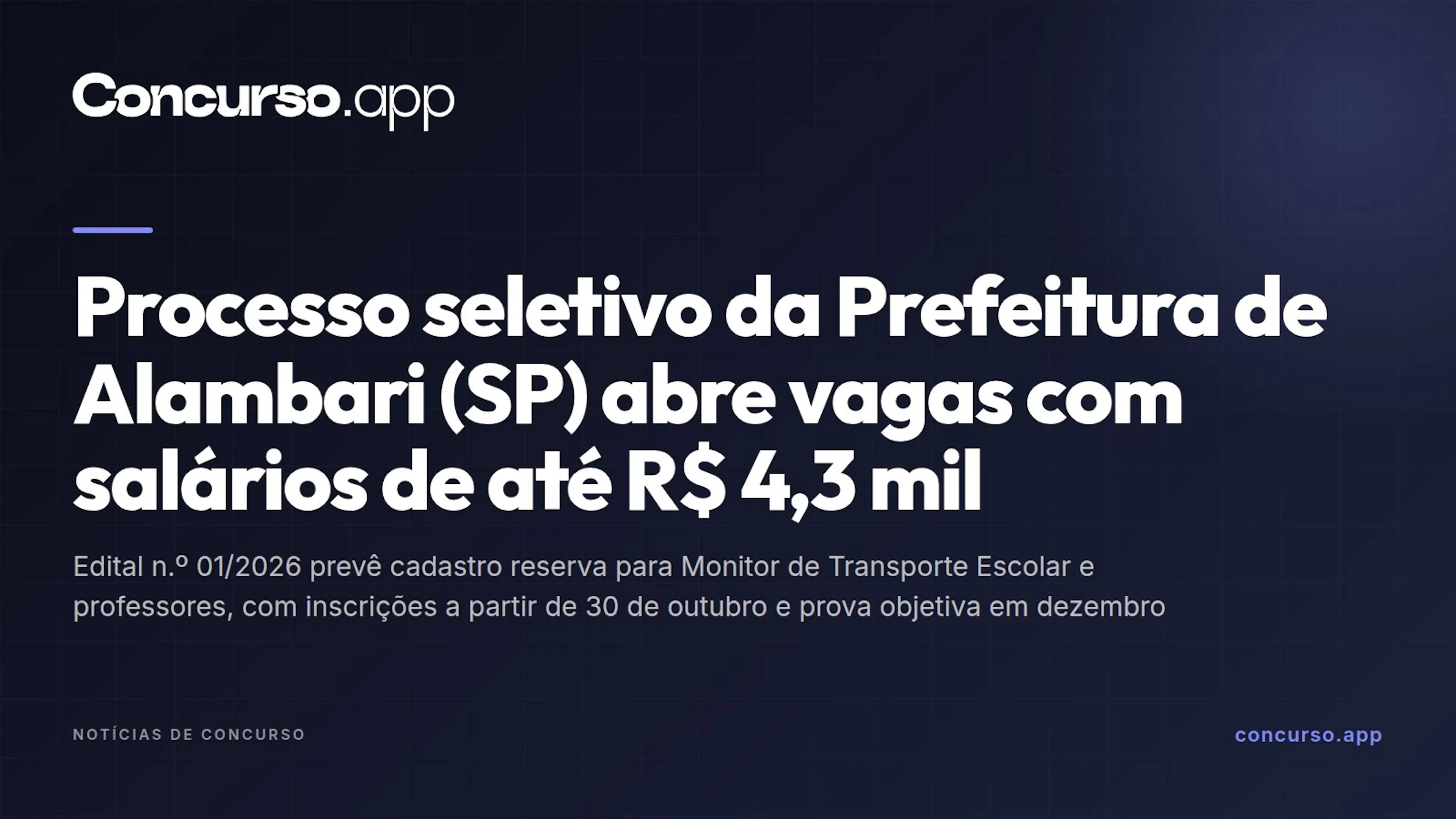 Processo seletivo da Prefeitura de Alambari (SP) abre vagas com salários de até R$ 4,3 mil