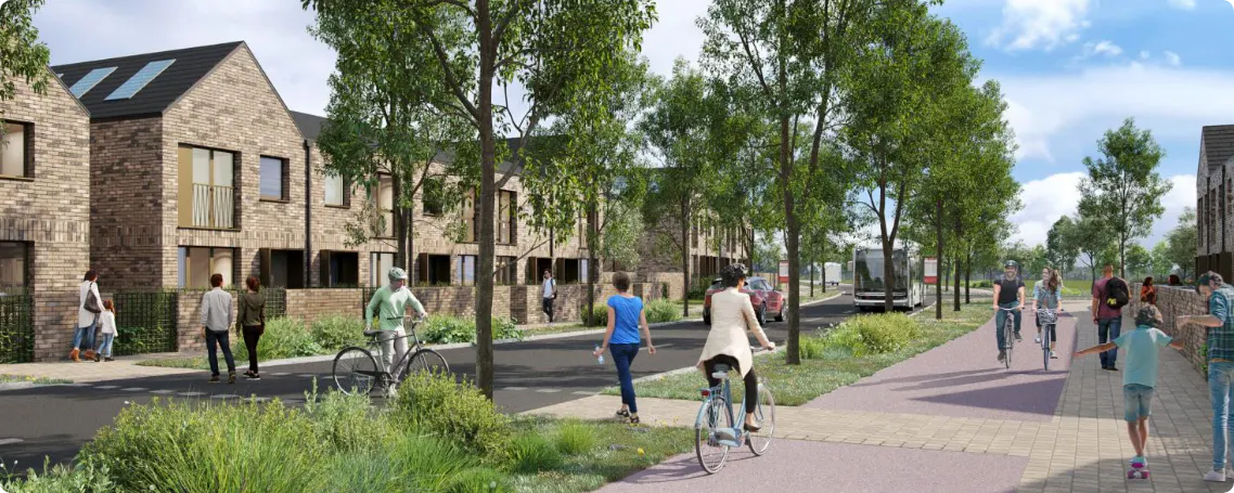 Render of suburb with people