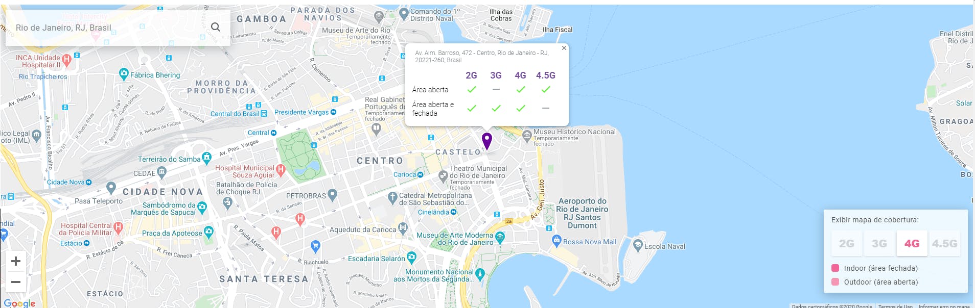 Exemplo do mapa de informação da cobertura vivo 2G, 3G, 4G e 4.5G