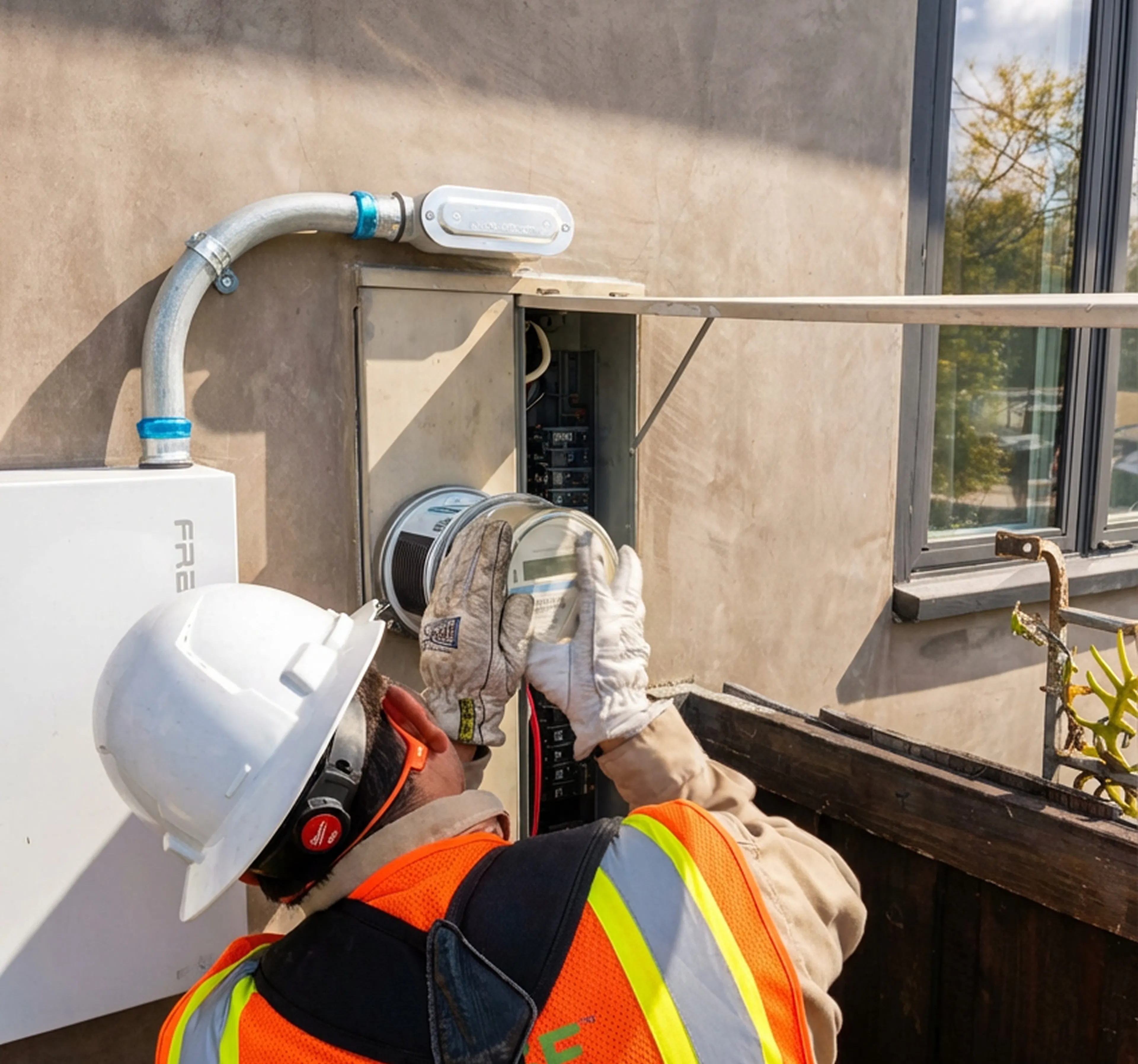 A utility technician installing a meter socket adapter into a meter-main combo panel.