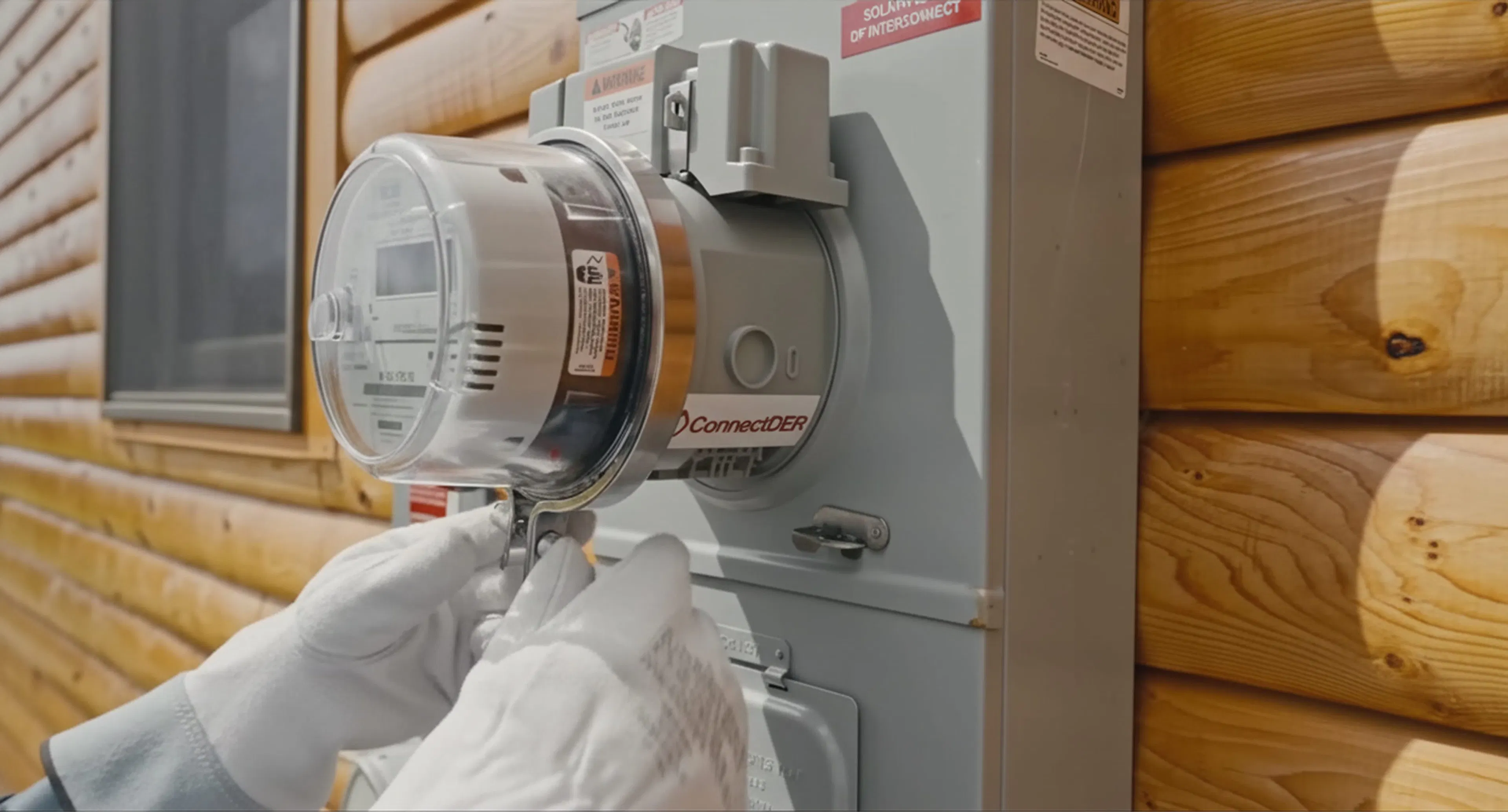 An electrician tightens up the ring lock around a utility billing meter in a home's meter socket.