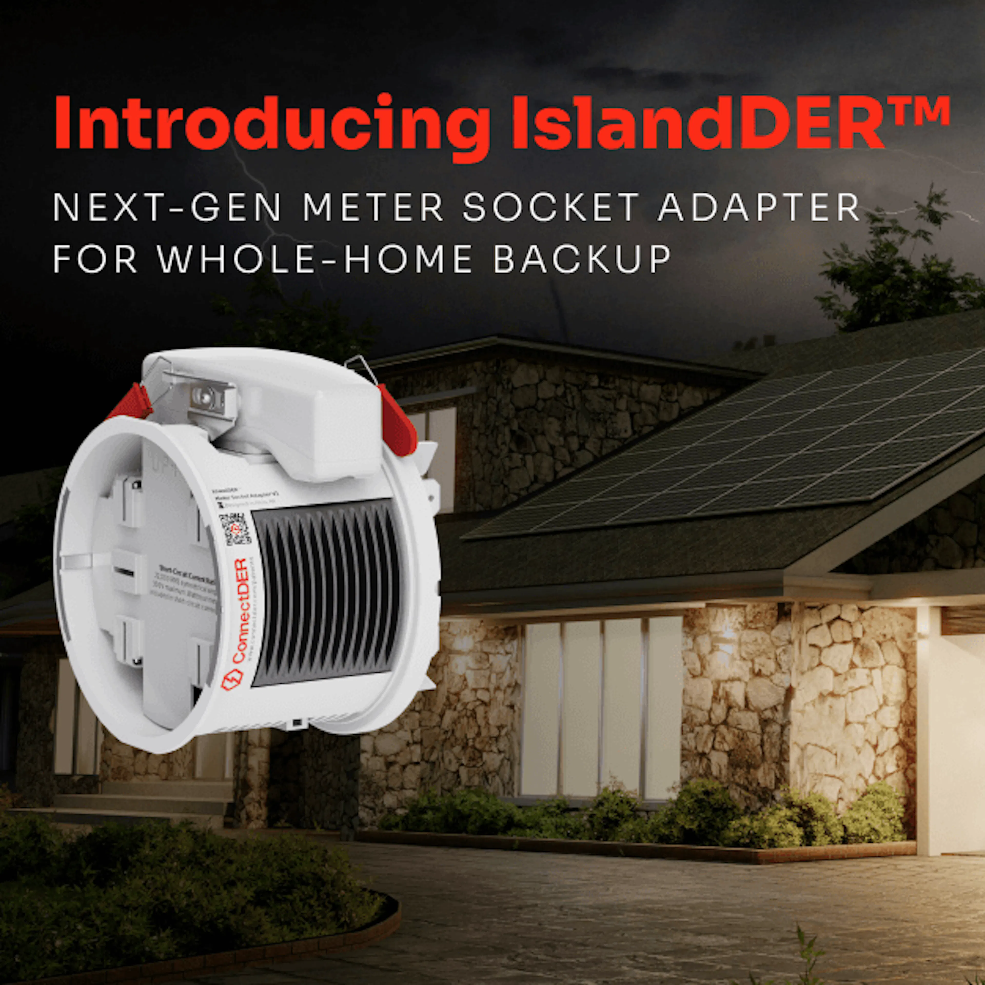 A home with the power on, as a lightning bolt strikes the sky above it, in a neighborhood with other dark houses without power.