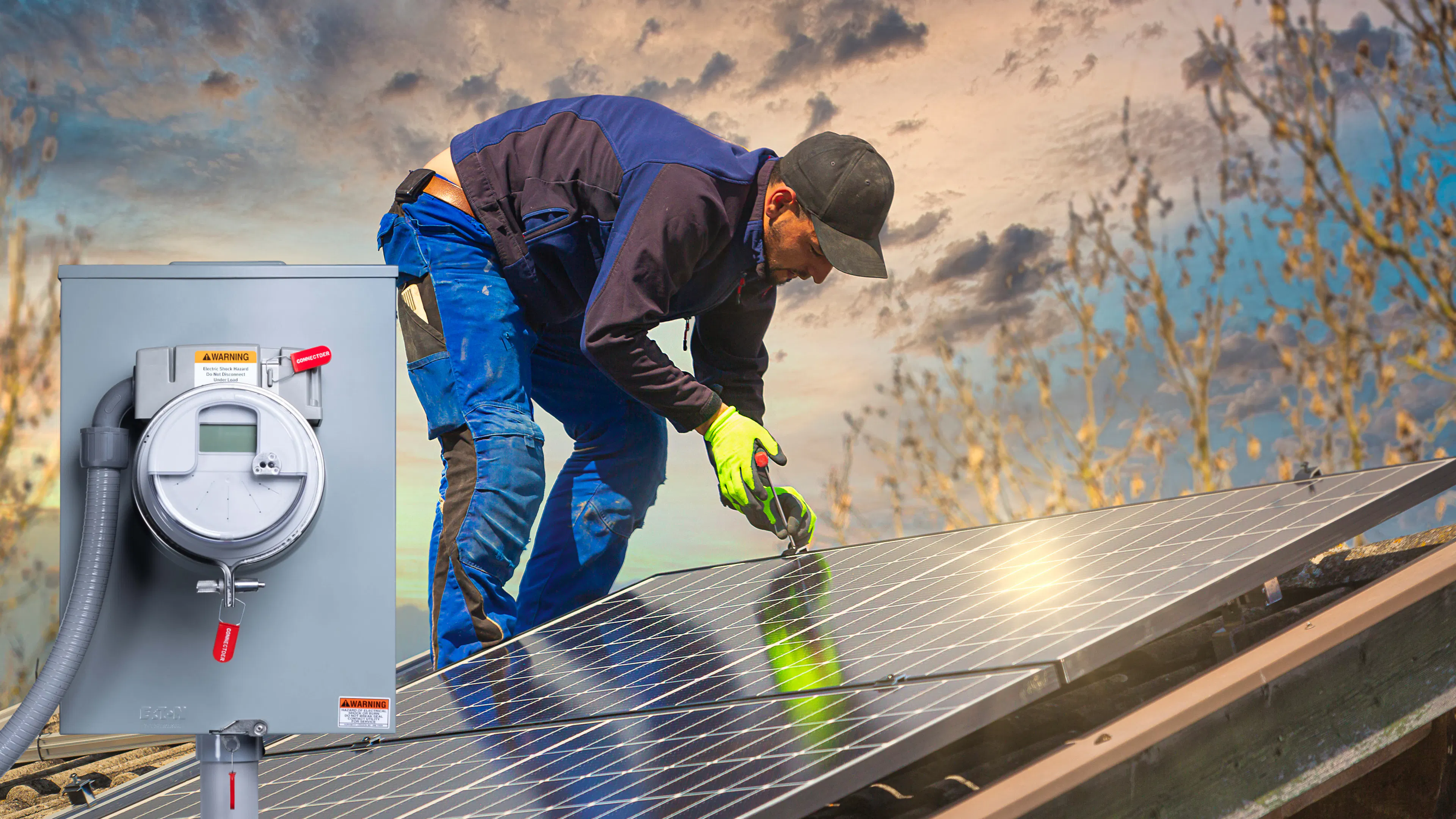 A rooftop solar installer stands on a roof as he mounts of large solar panel to the shingles.