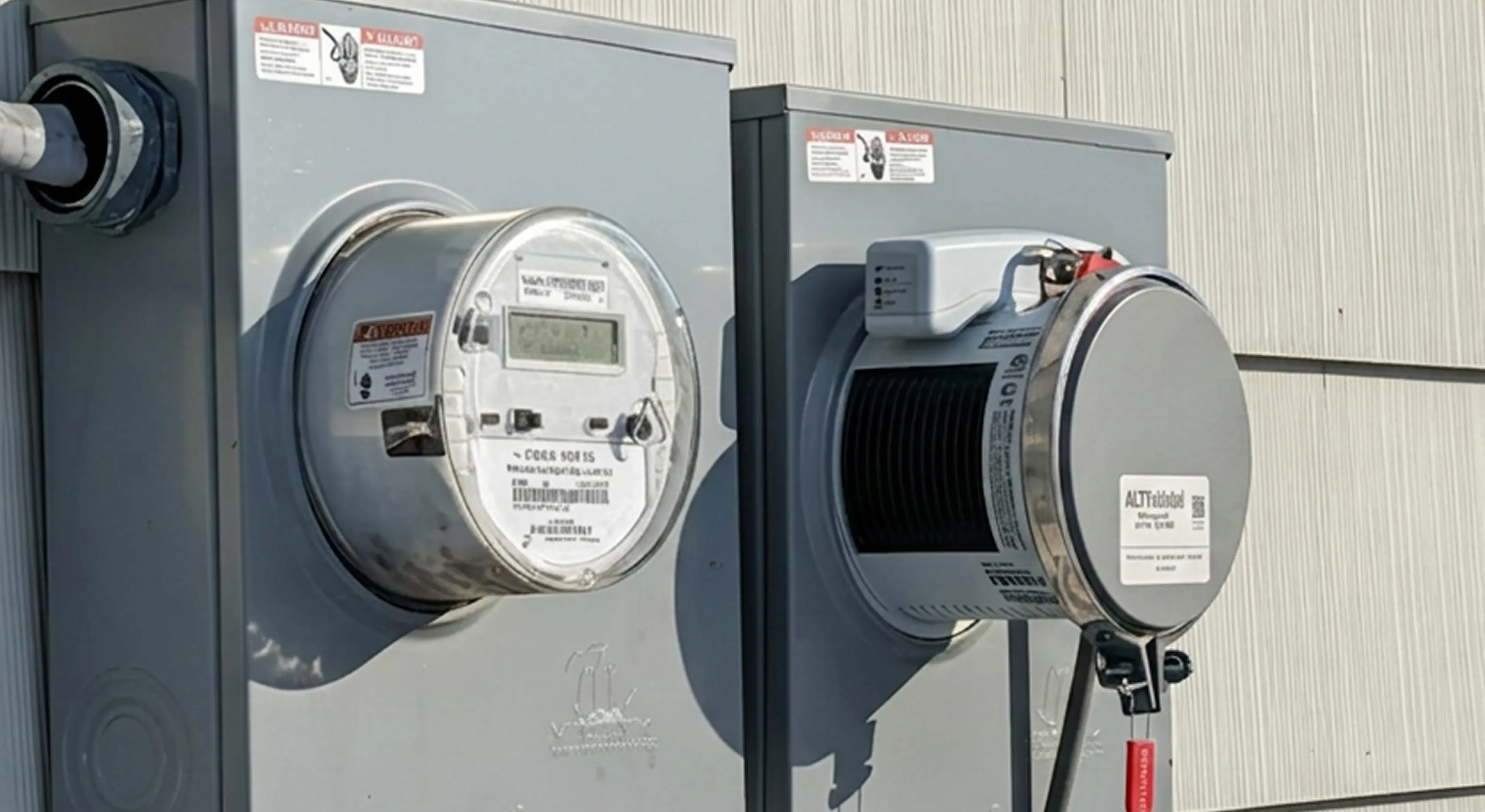 Two meter socket boxes on the side of a house next to each other, one with a ConnectDER meter socket adapter installed with a jumper cover, the other with a standard utility billing meter.
