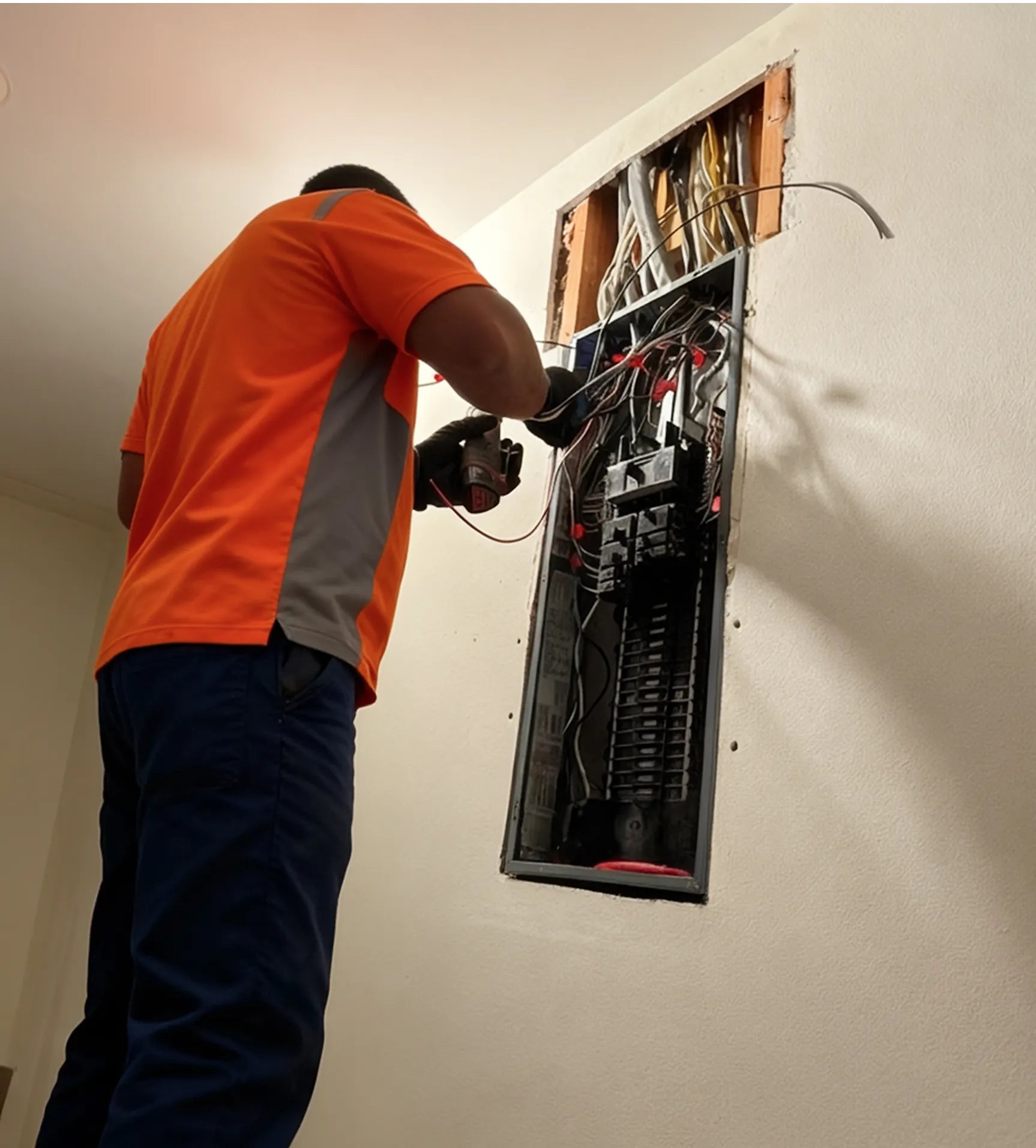 An electrician working on a main panel inside a home, with broken drywall and a mess of wires.