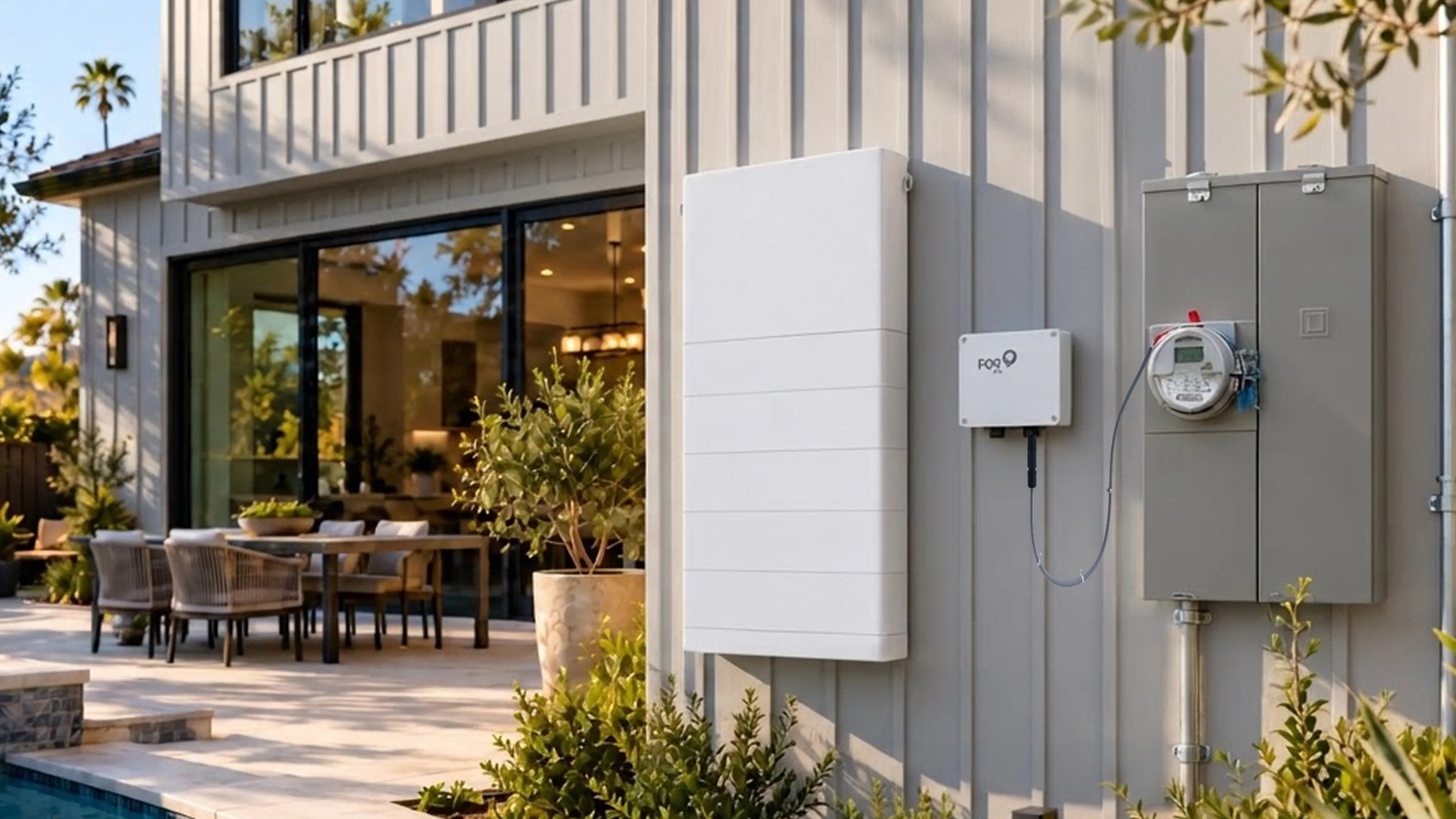 Fox ESS PowerQ battery on the wall of a home next to ConnectDER IslandDER™ Meter Socket inserted into the electric box.