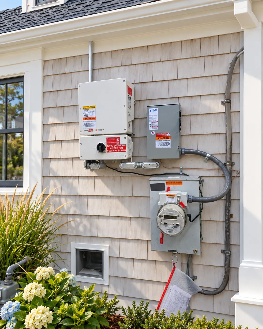 ConnectDER's Solar MSA Data Out (D.O.) model with Current Transformers (CTs) installed on the side of a home in the meter socket next to a SolarEdge inverter.