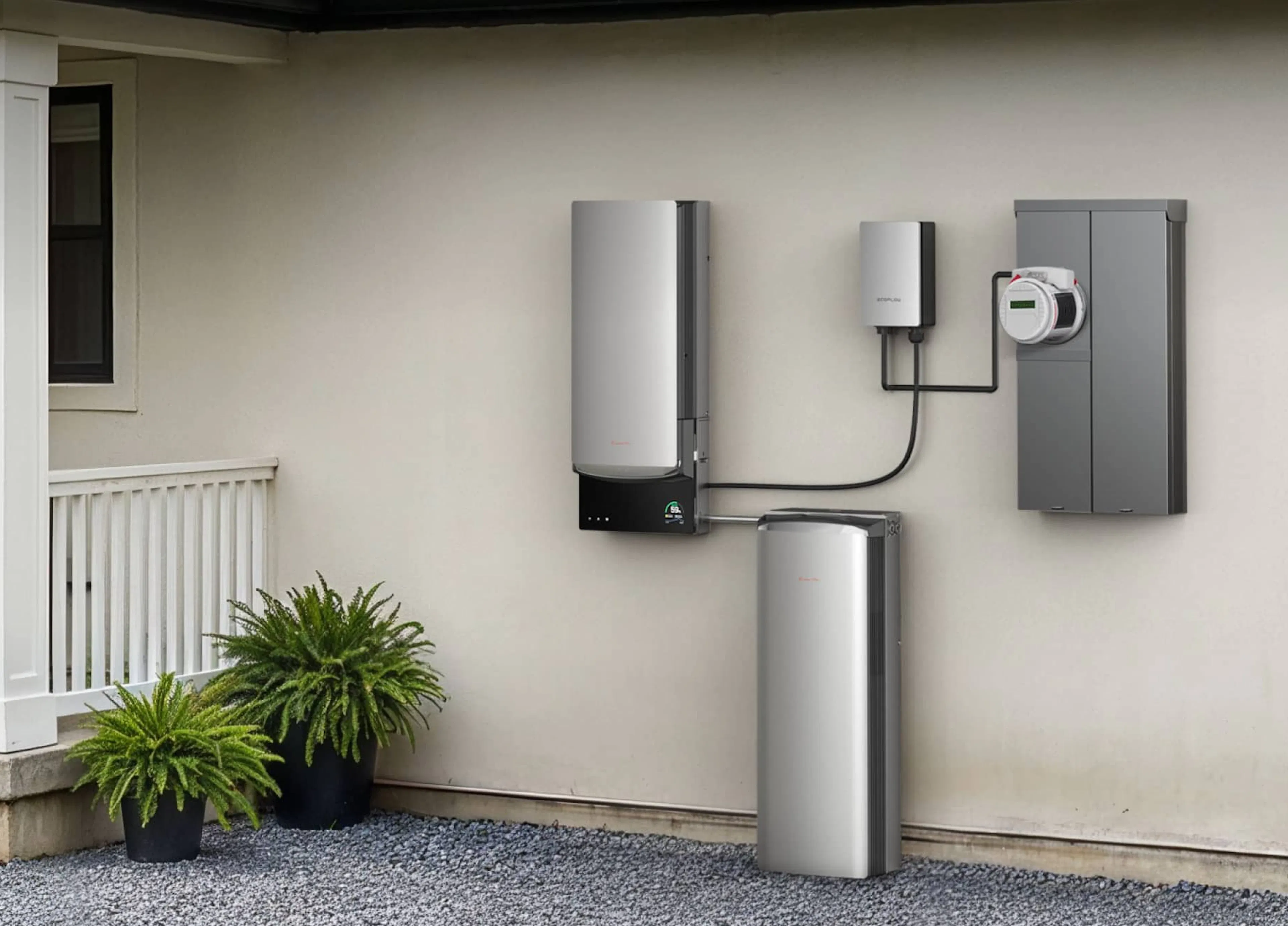 EcoFlow OCEAN Pro battery system on the side of a home, connected to the ConnectDER IslandDER™ Meter Socket Adapter.