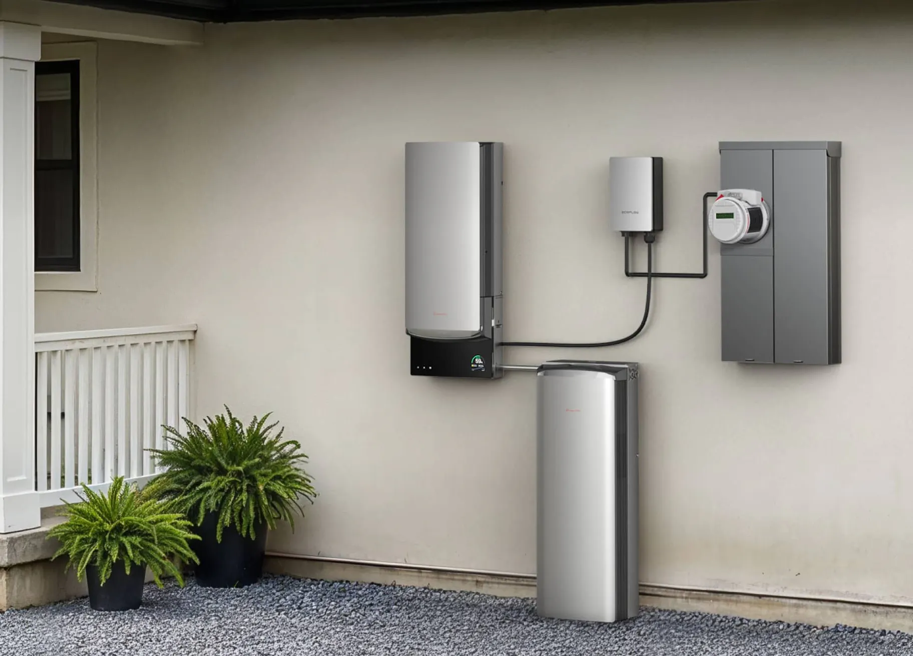 EcoFlow OCEAN Pro battery system on the side of a home, connected to the ConnectDER IslandDER™ Meter Socket Adapter.