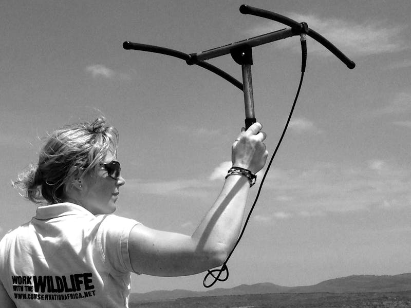 An ACE volunteer holds a telemetry tracker aloft