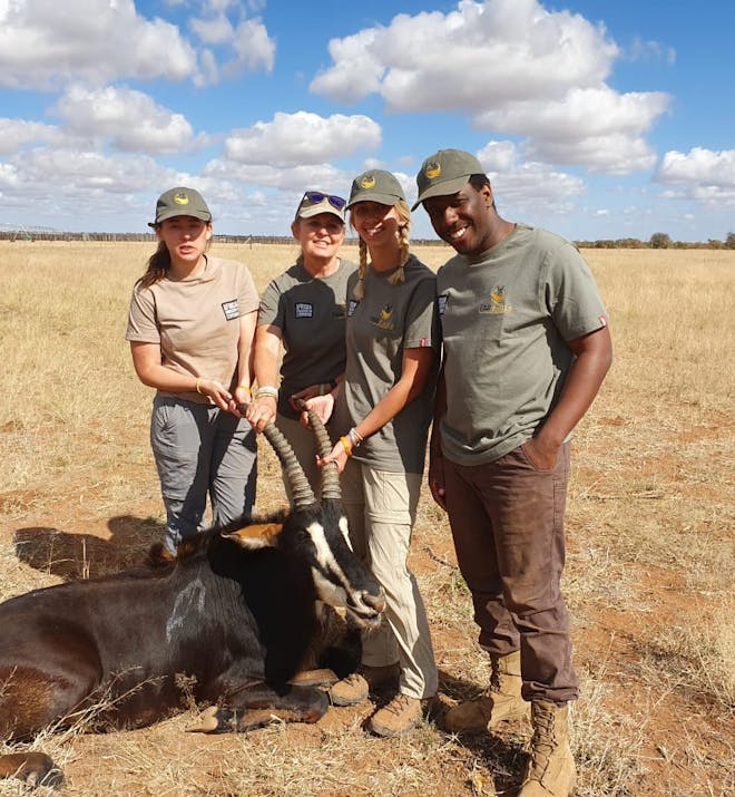 Darrius Upshaw: group posing with a sedated antelope