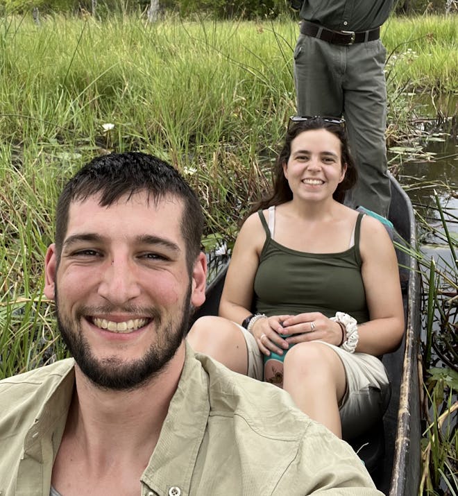 A couple in a canoe in the Okavango