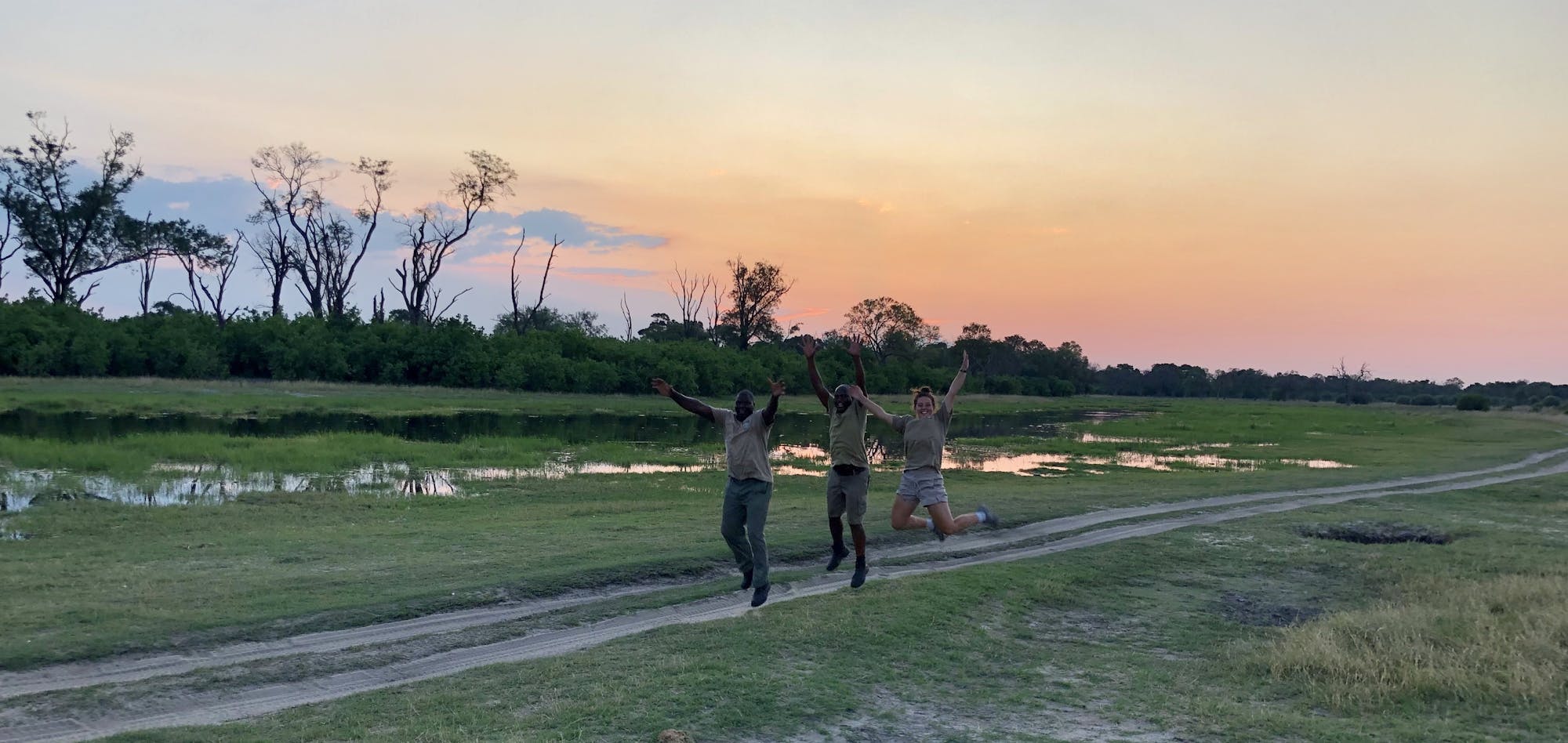 Staff and volunteering jumping in front of a sunset in the Okavango