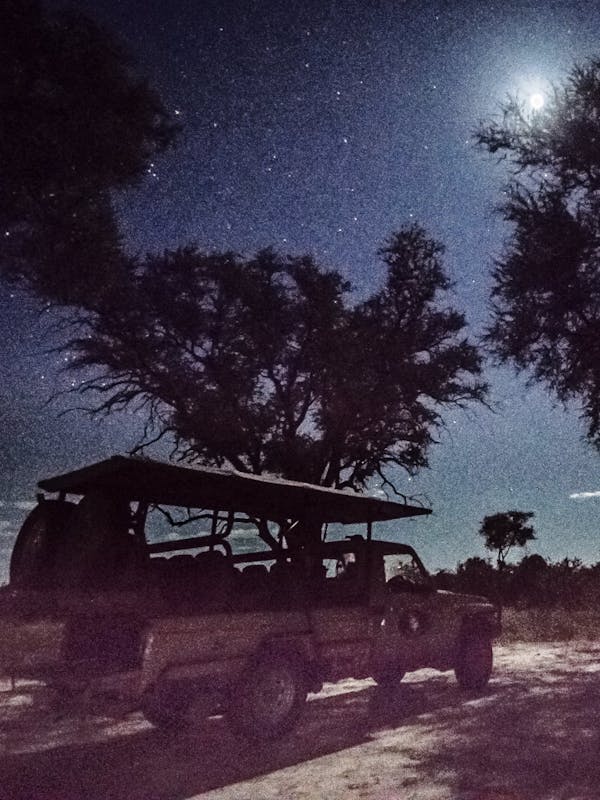 Night-time shot of the mobile camp and vehicle in the Okavango