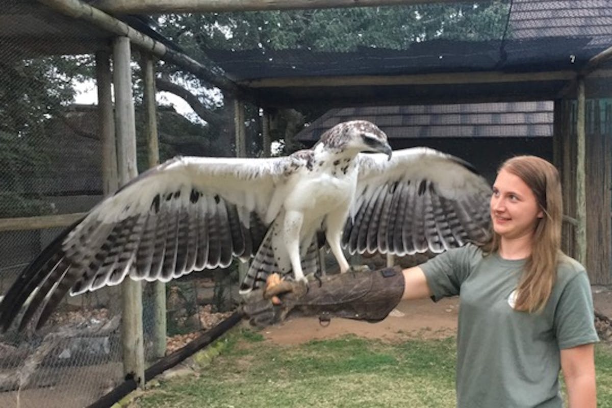 Leigh Haywood with a large bird of prey