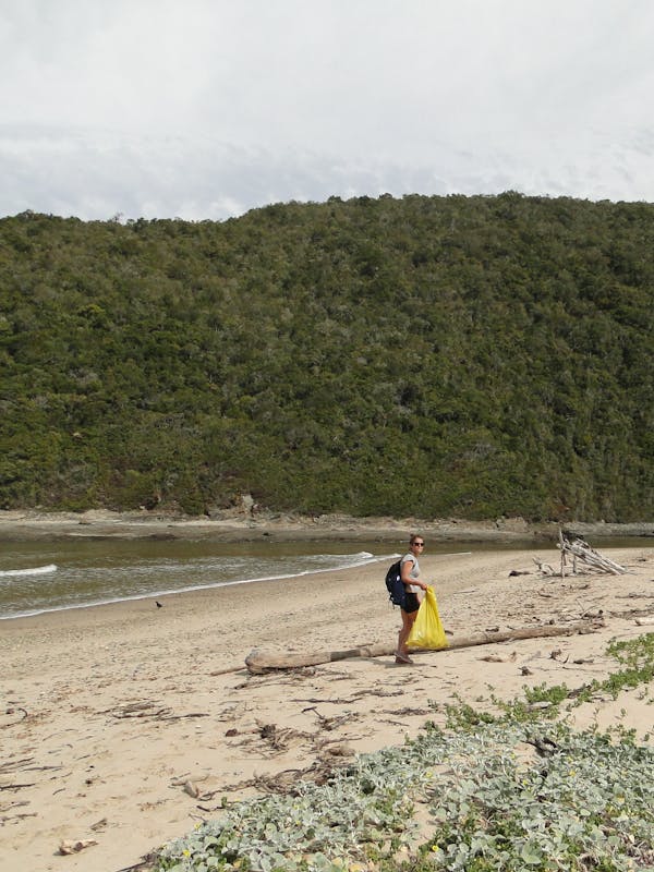 Student picking up litter from a beach