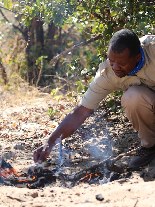 Male guide cooking in the Okavango on a campfire