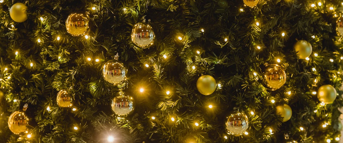 Festive baubles on a Christmas tree 