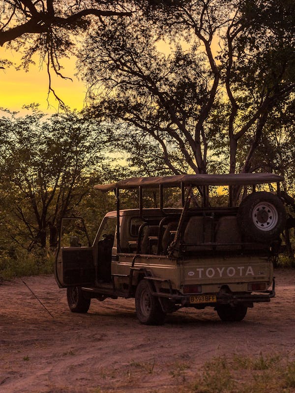 Vehicle next to base camp in the Okavango
